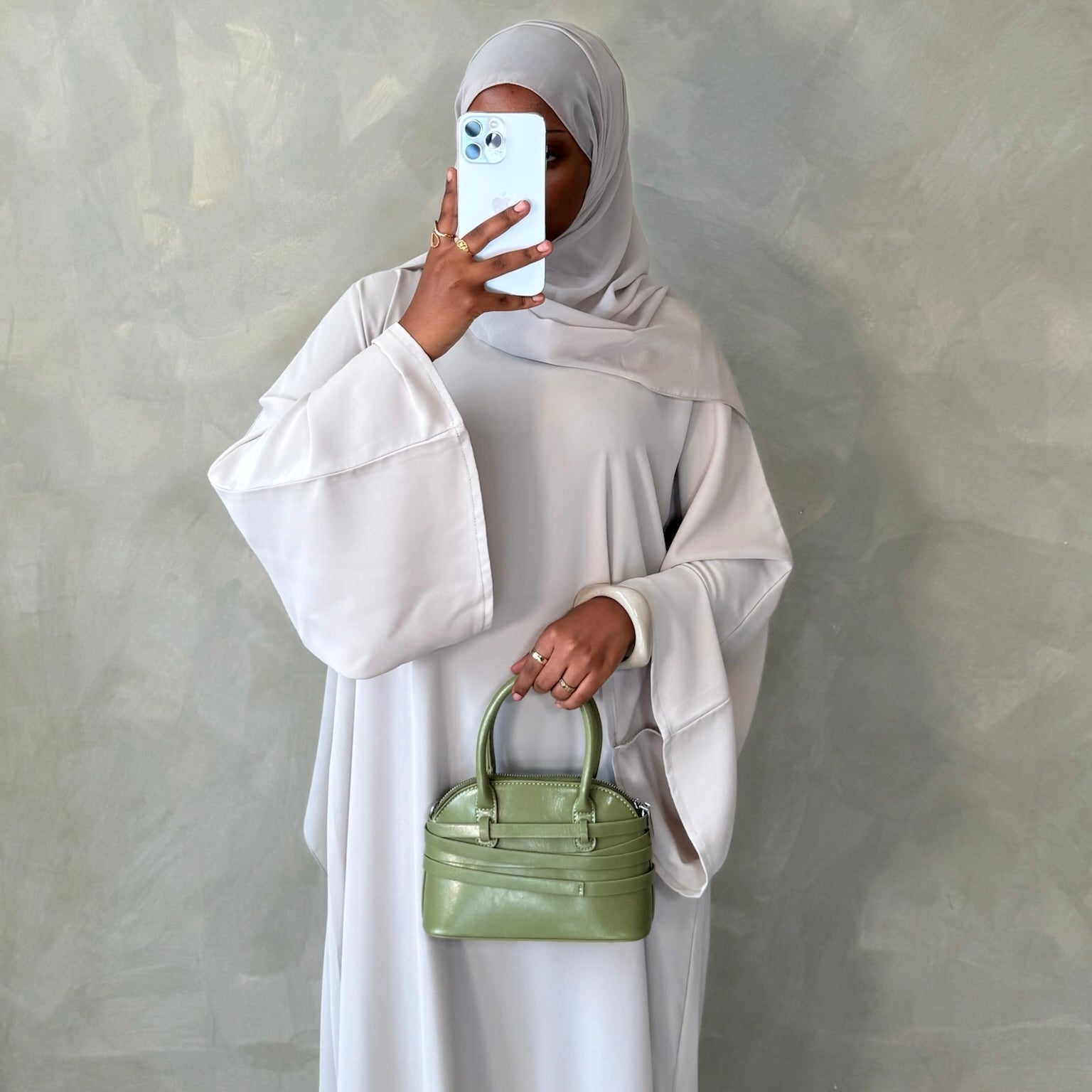 Beige Stone Bell Sleeve Abaya with Sheila Hijab