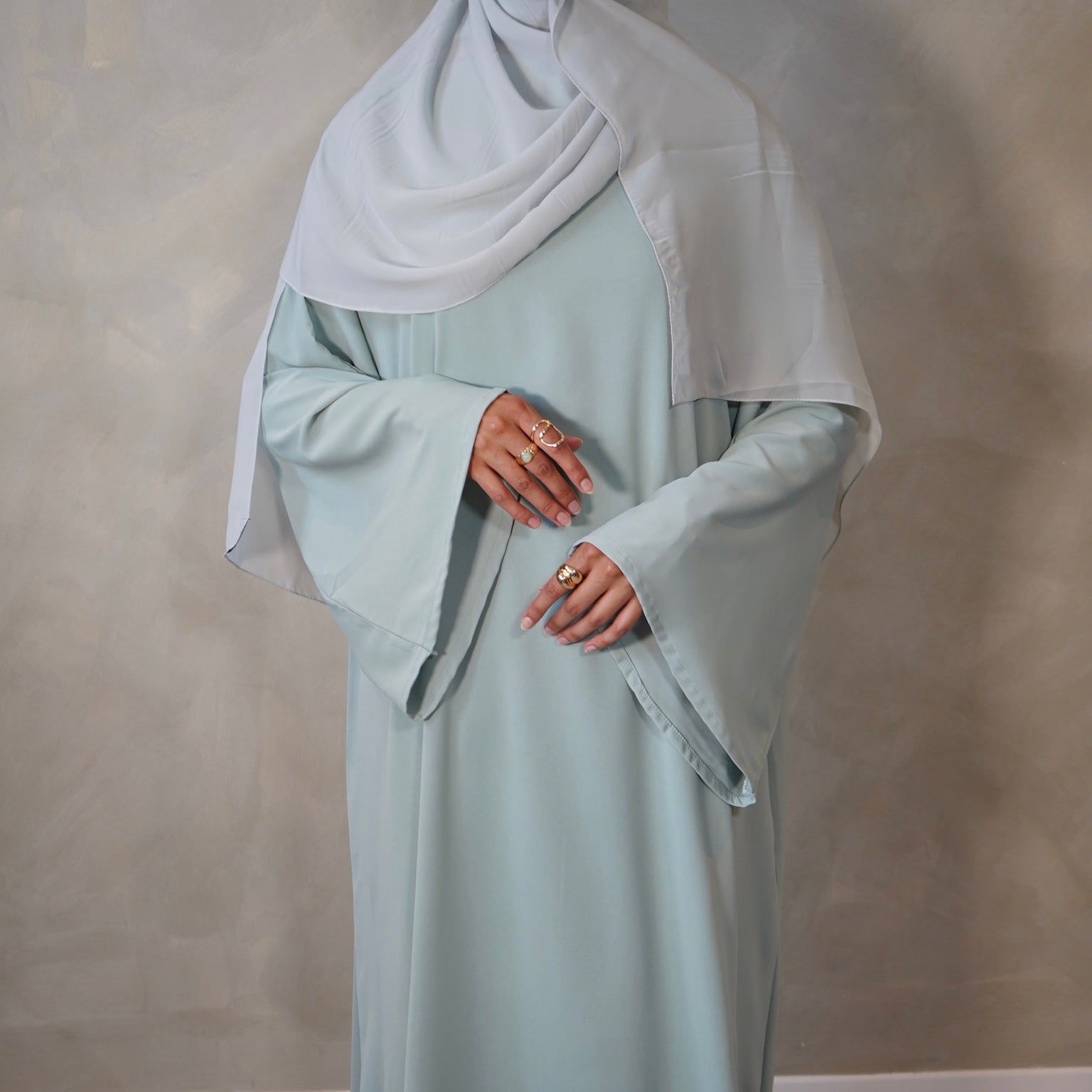 Light Mint Green Bell Sleeve Abaya with Sheila Hijab
