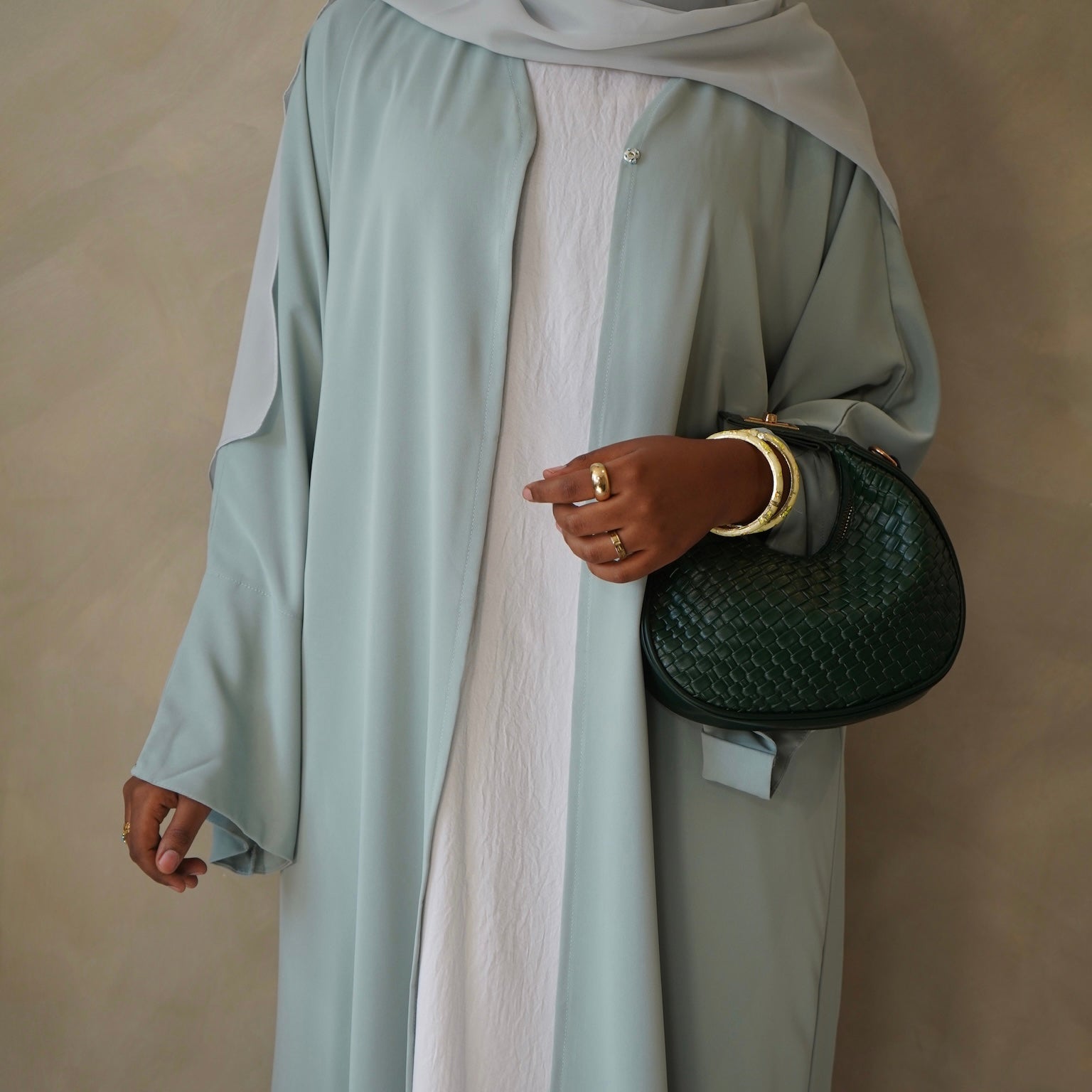 Light Mint Green Open Abaya with Sheila Hijab