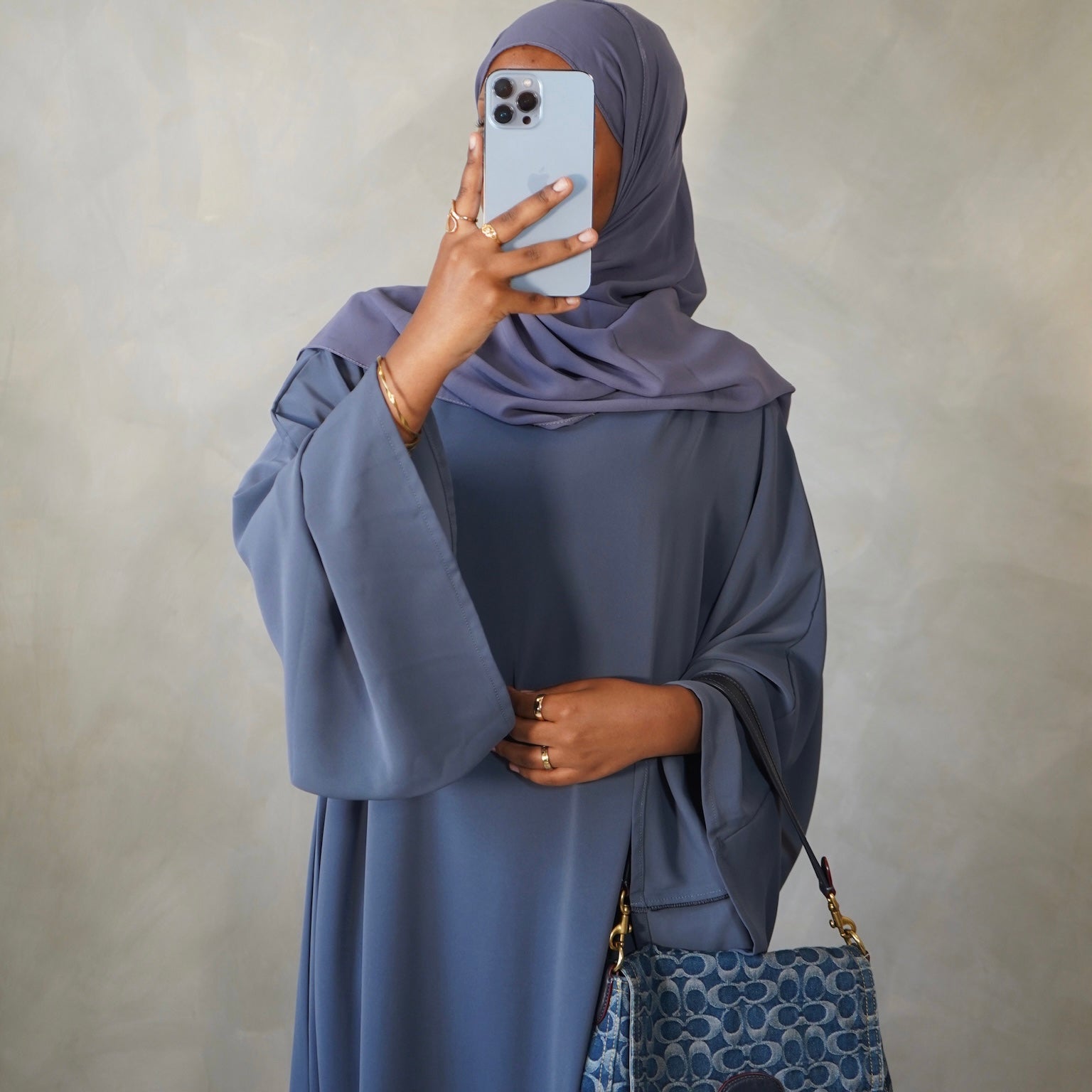 Slate Blue Bell Sleeve Abaya with Sheila Hijab