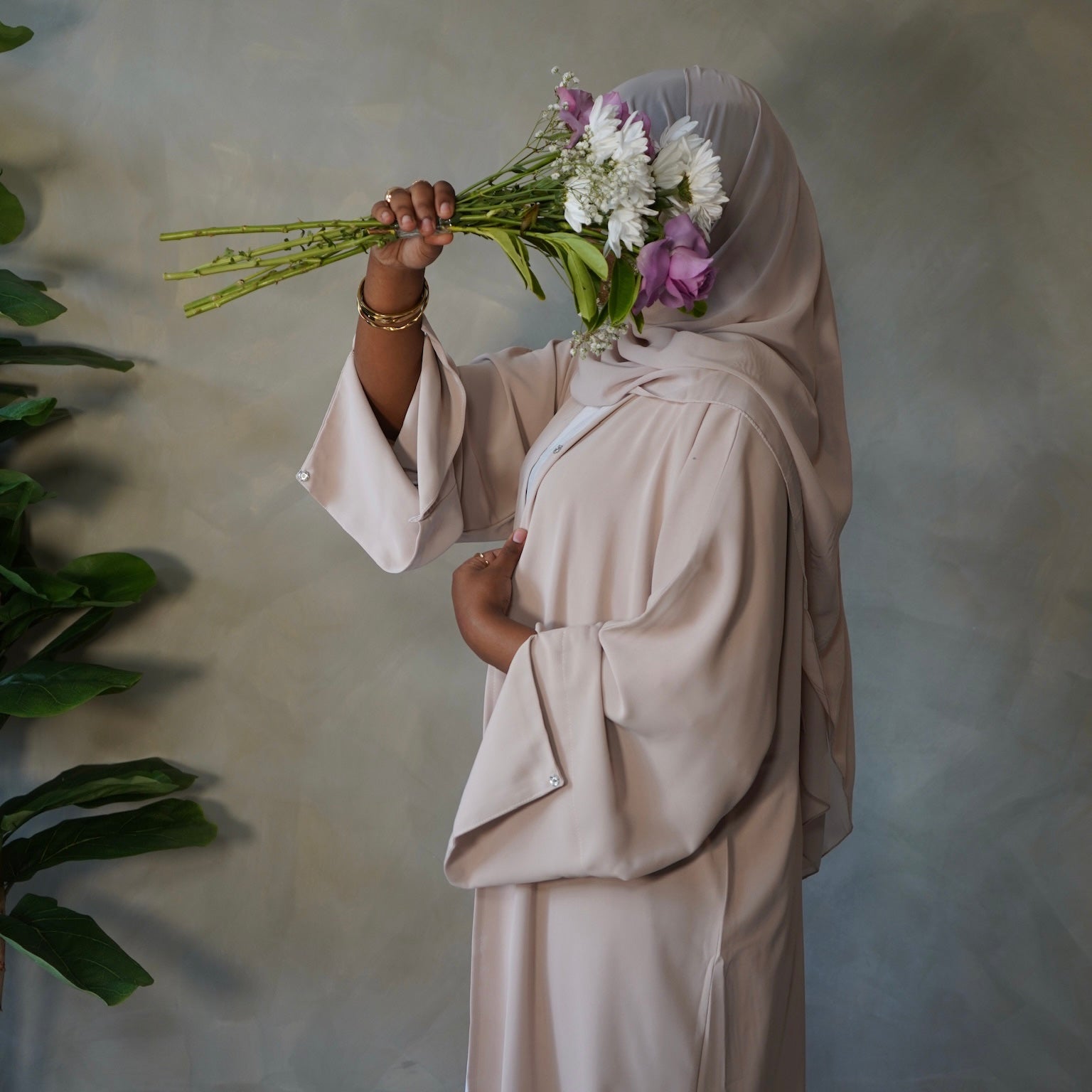 Warm Beige Open Abaya with Sheila Hijab