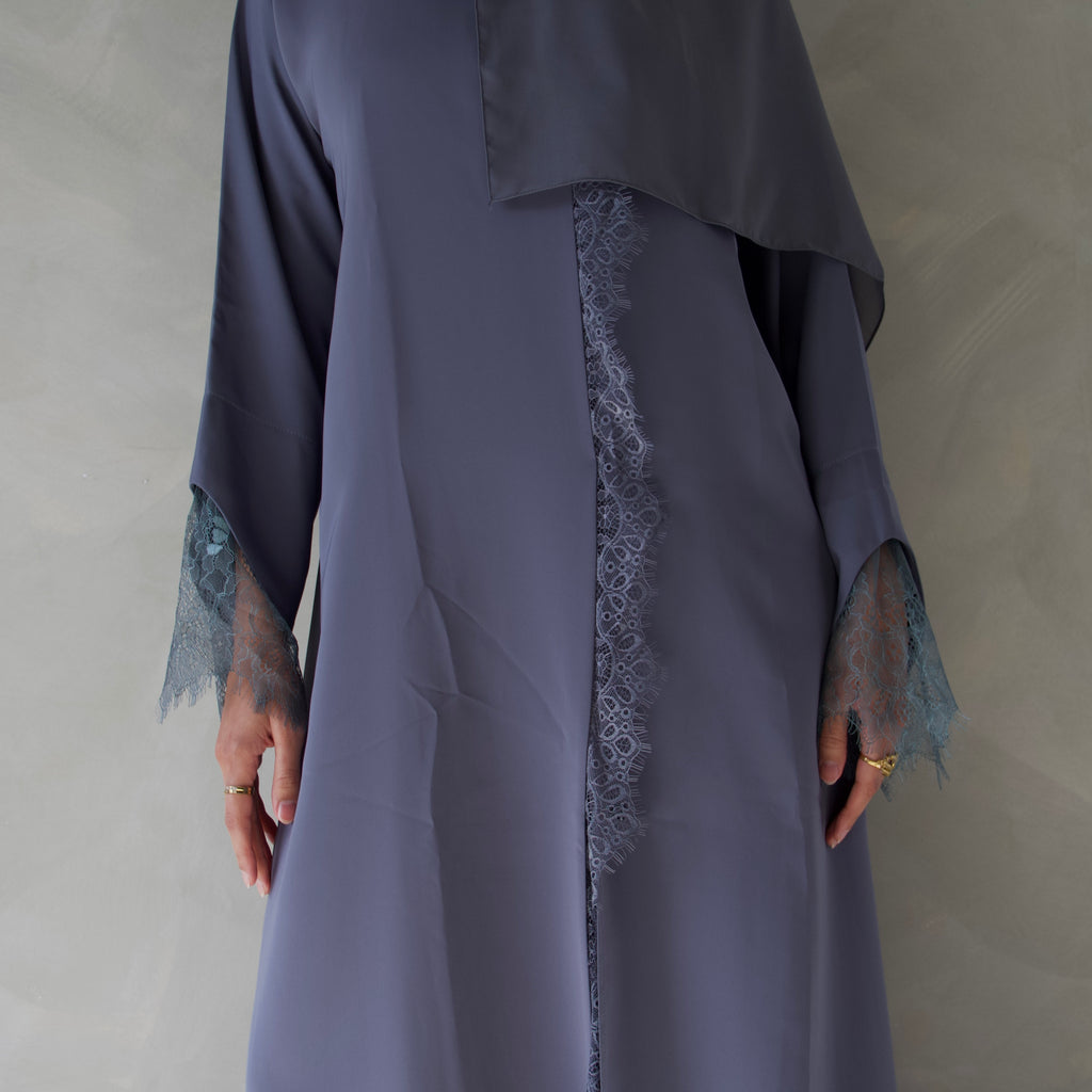 Slate grey laced abaya with sheila scarf