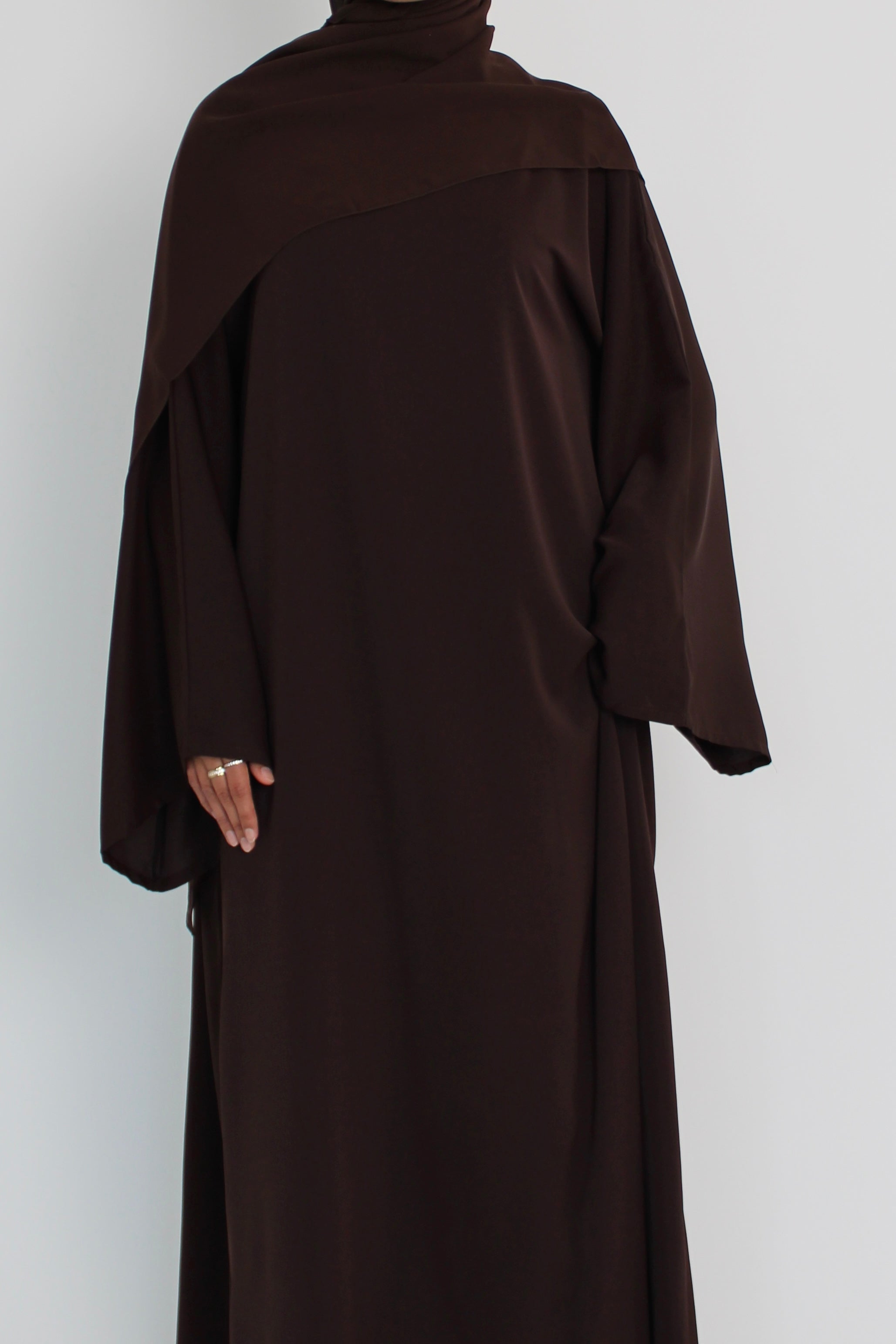 Choc Brown Signature Bell Sleeve Abaya with hijab