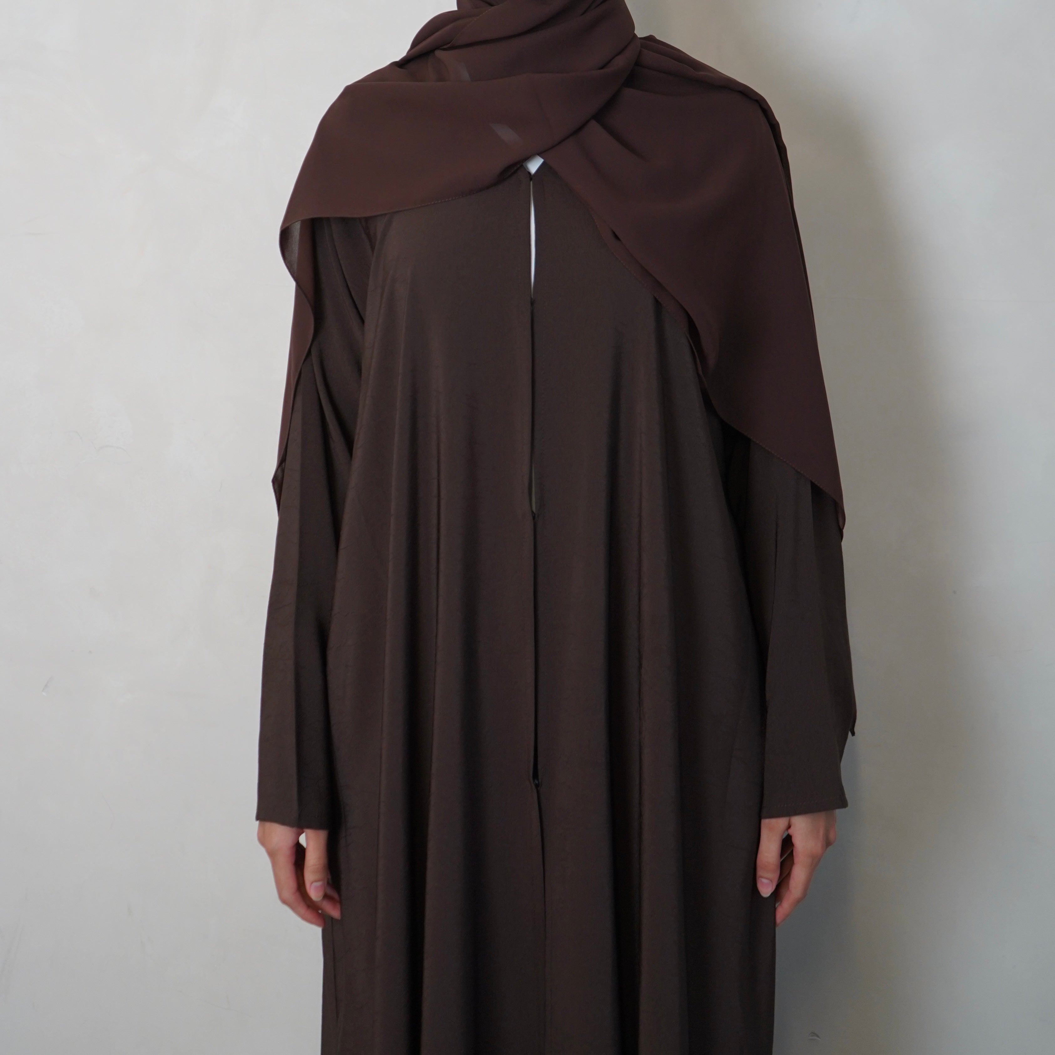 Textured Choc Brown Open Abaya with Scarf