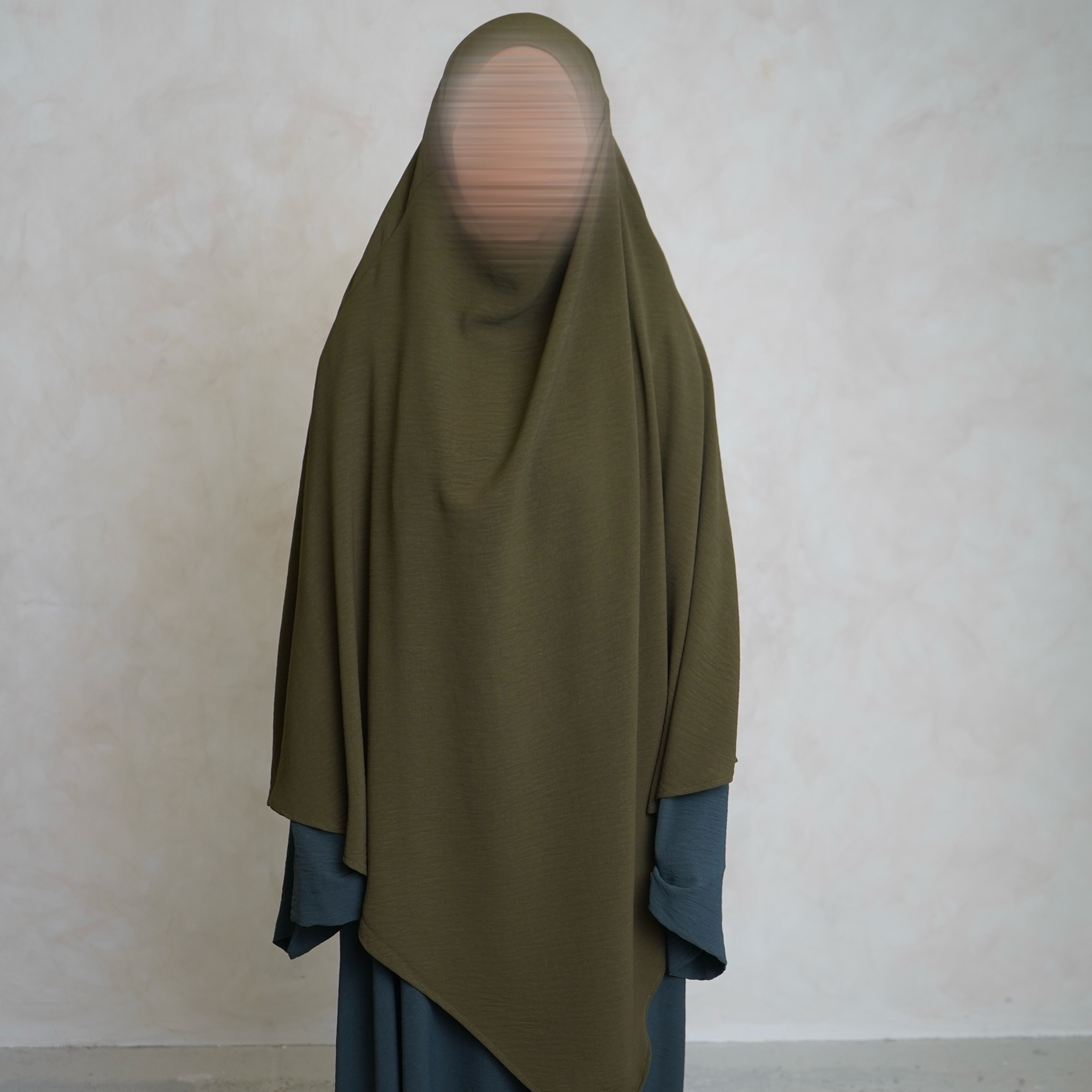 Olive Green Crepe Khimar with Niqab Ties