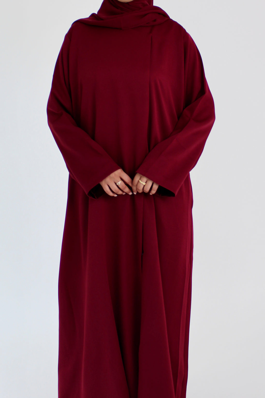 Cherry Red Draped Coat with Matching Sheila Hijab