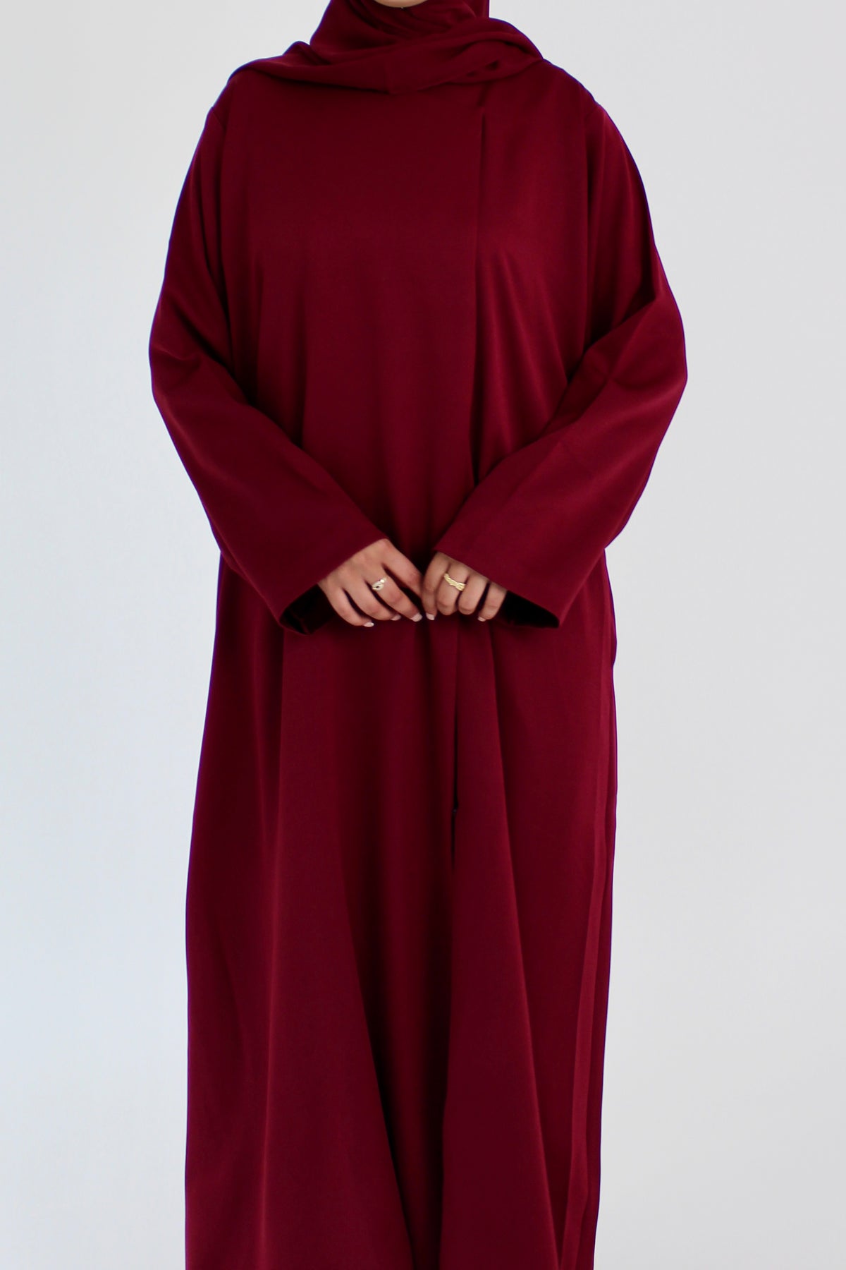 Cherry Red Draped Coat with Matching Sheila Hijab