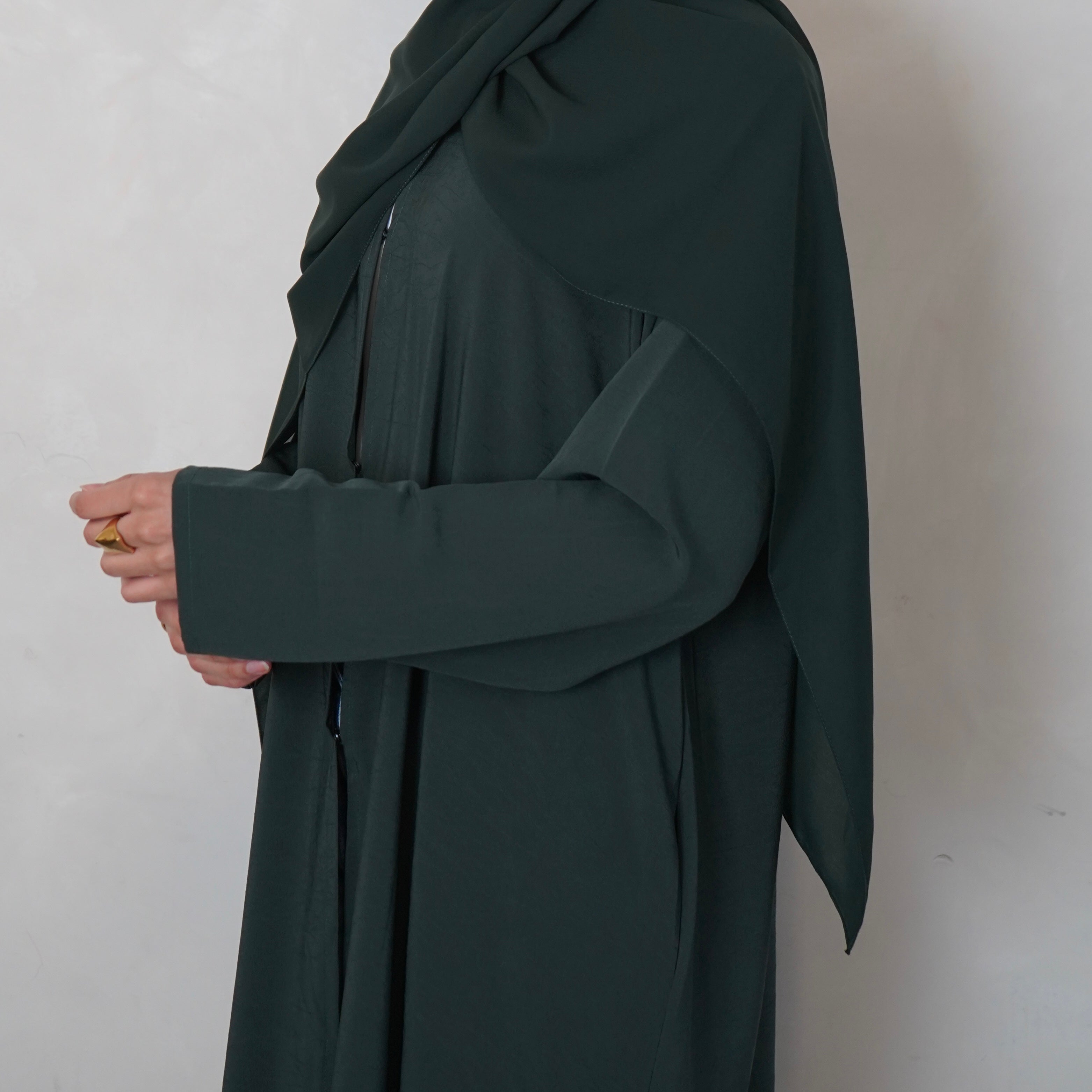 Textured Bottle Green Open Abaya with Scarf