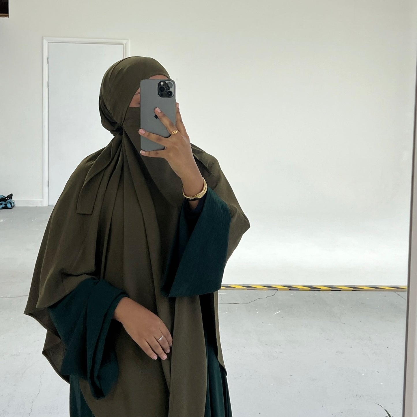 Olive Green Crepe Khimar with Niqab Ties
