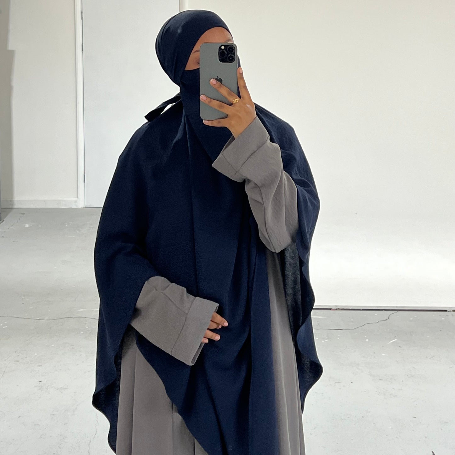 Extra Long Crepe Navy Blue Khimar with Niqab Ties