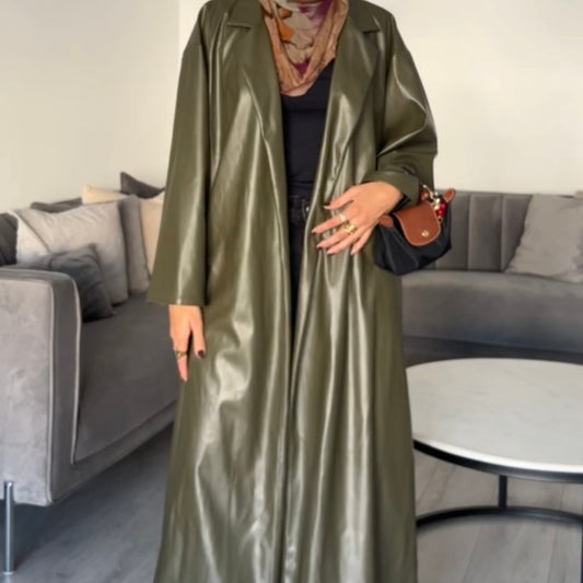 Faux Leather Trench Coat Olive Green