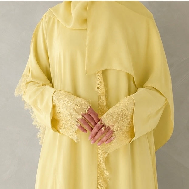 Limited edition: Butter yellow laced abaya with sheila scarf