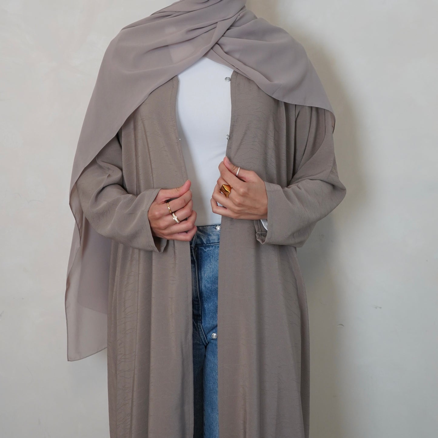 Textured Stone Open Abaya with Scarf