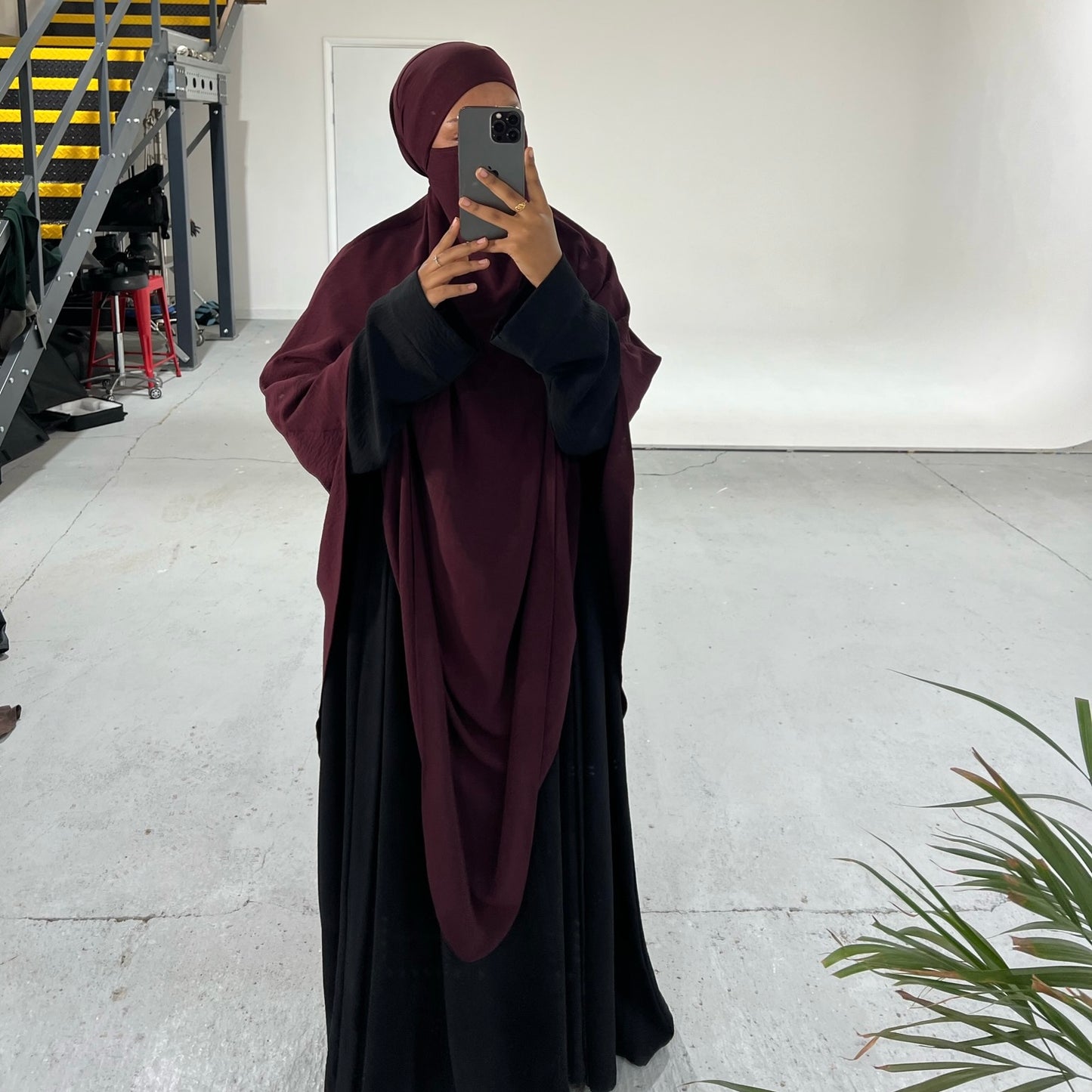 Extra Long Crepe Burgundy Khimar with Niqab Ties