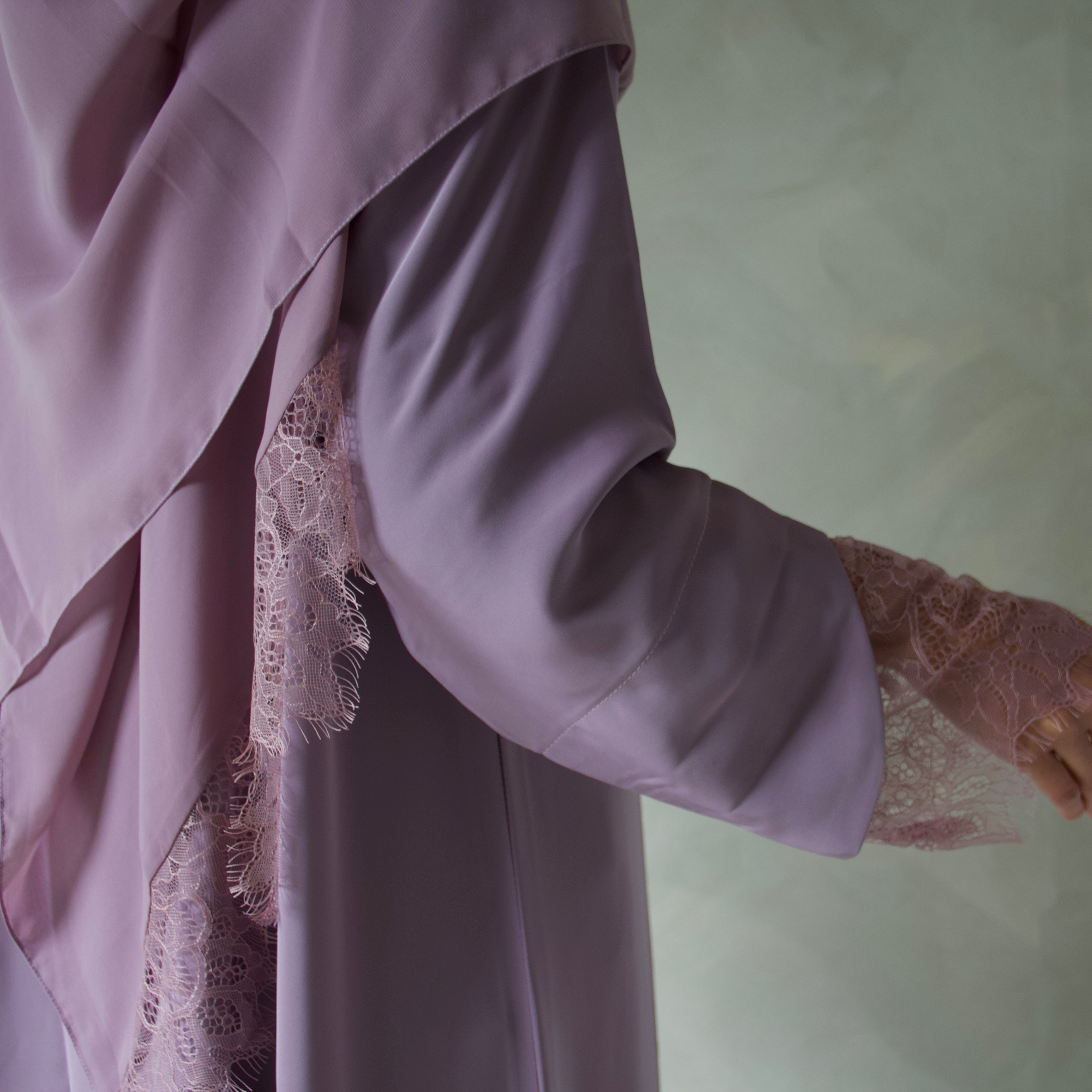 Lavender laced abaya with sheila scarf