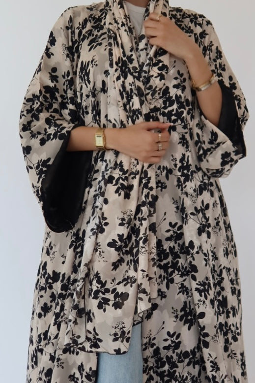 Black Floral print abaya with matching scarf