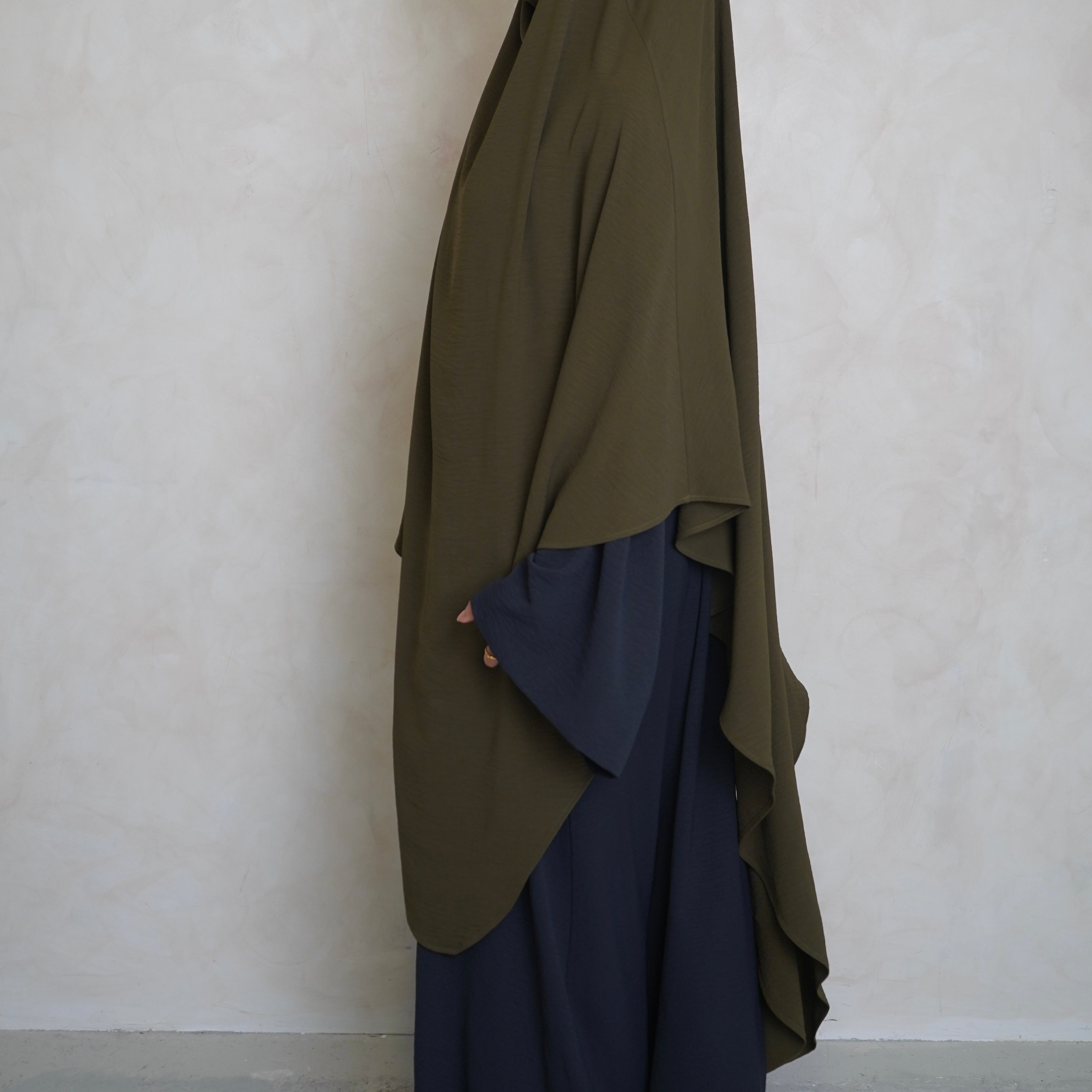 Extra Long Crepe Olive Green Khimar with Niqab Ties