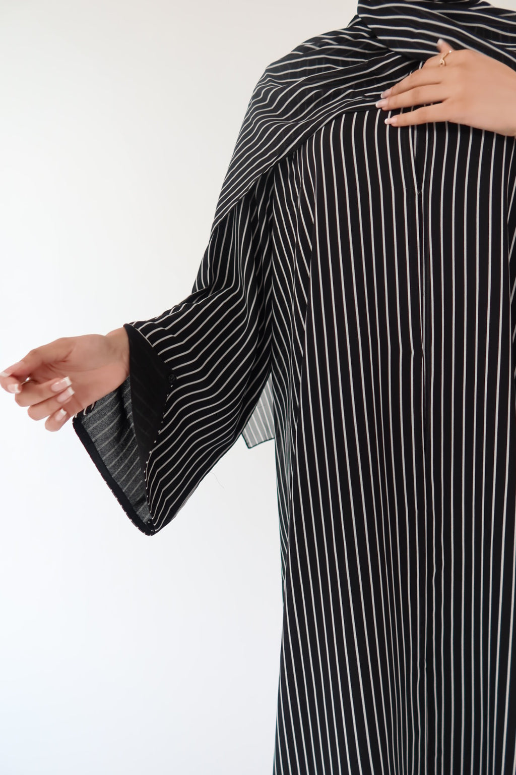 Black and White Pin Stripe abaya with matching scarf