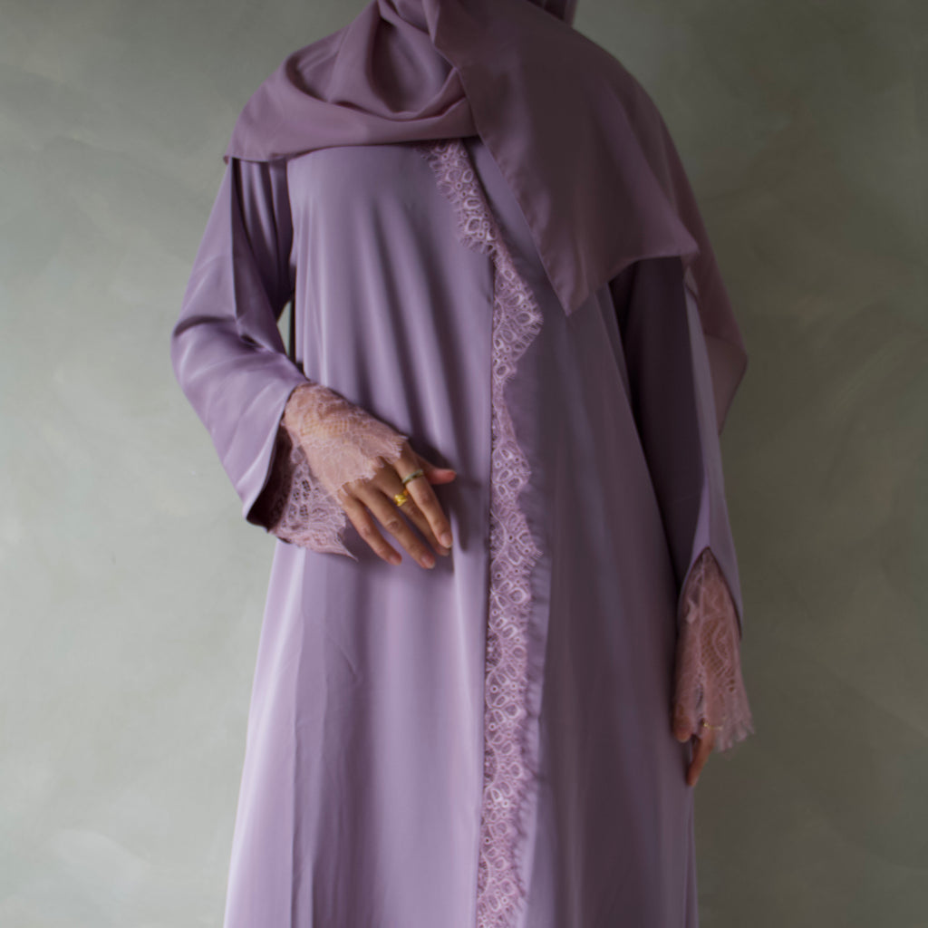 Lavender laced abaya with sheila scarf