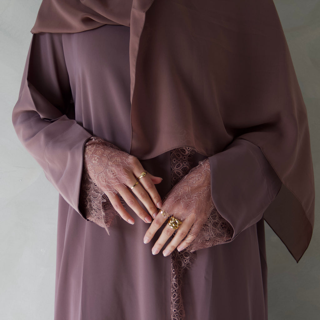 Brown laced abaya with sheila scarf