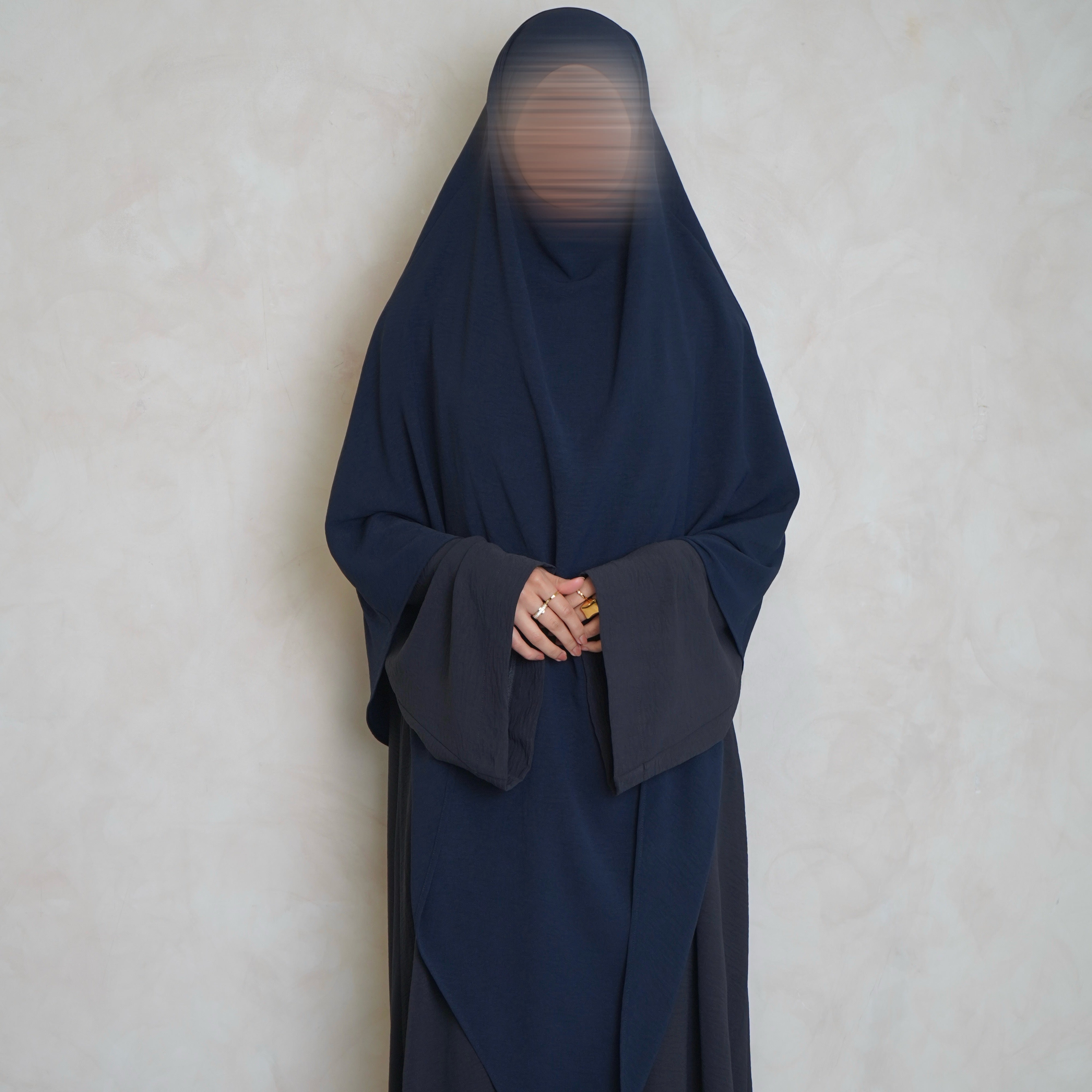 Extra Long Crepe Navy Blue Khimar with Niqab Ties