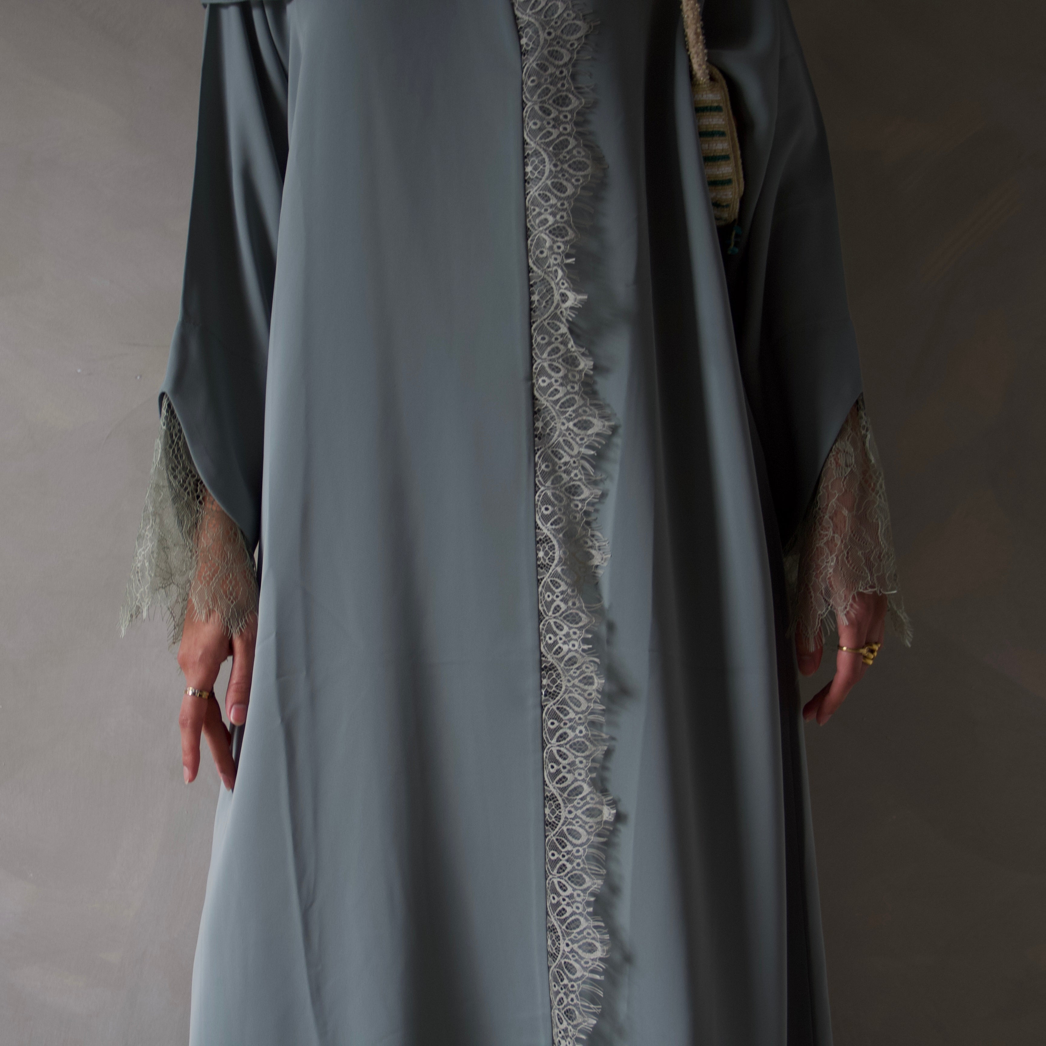 Sage green laced abaya with sheila scarf