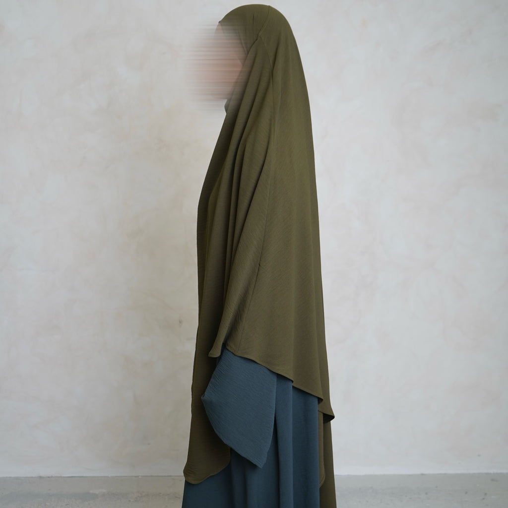 Olive Green Crepe Khimar with Niqab Ties