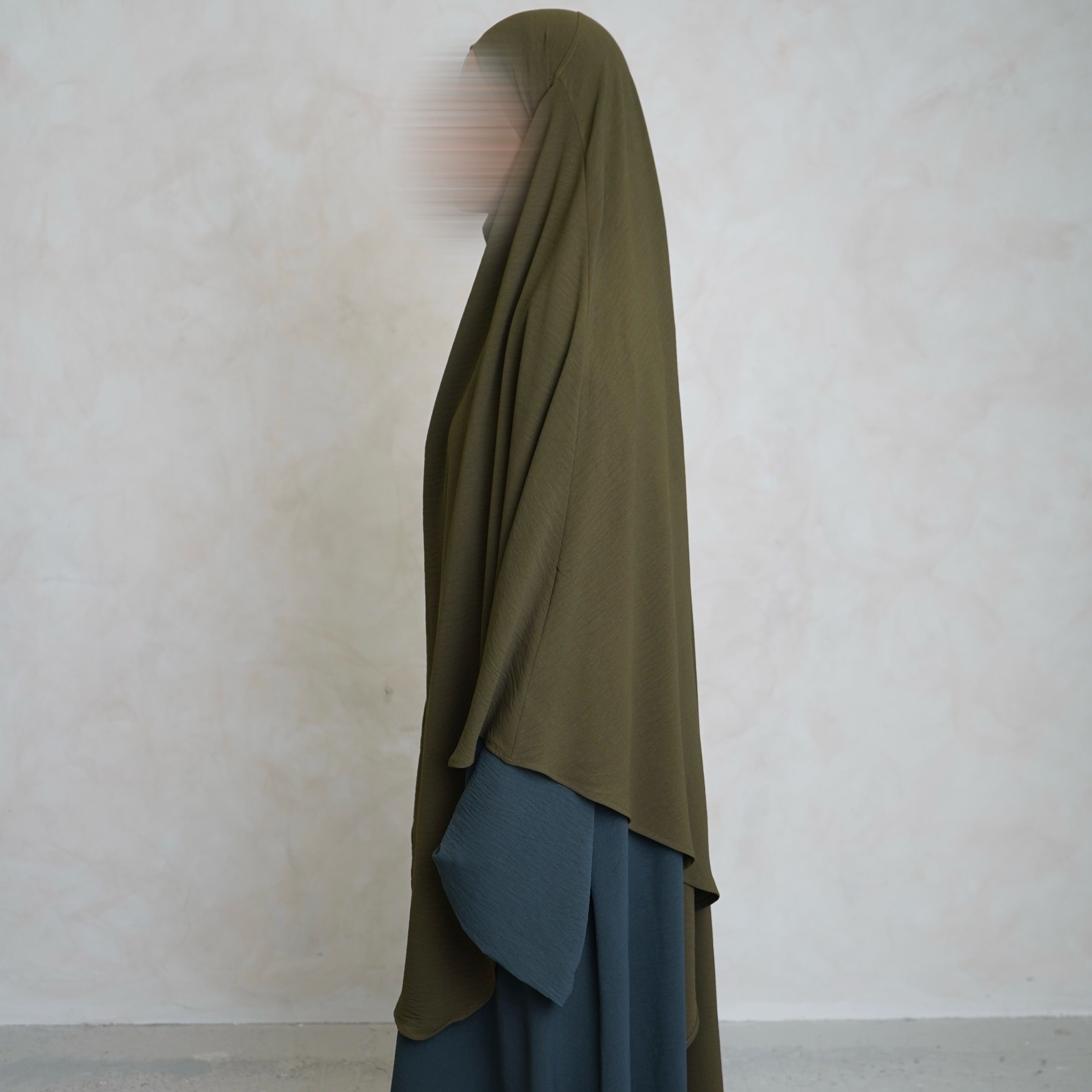 Olive Green Crepe Khimar with Niqab Ties