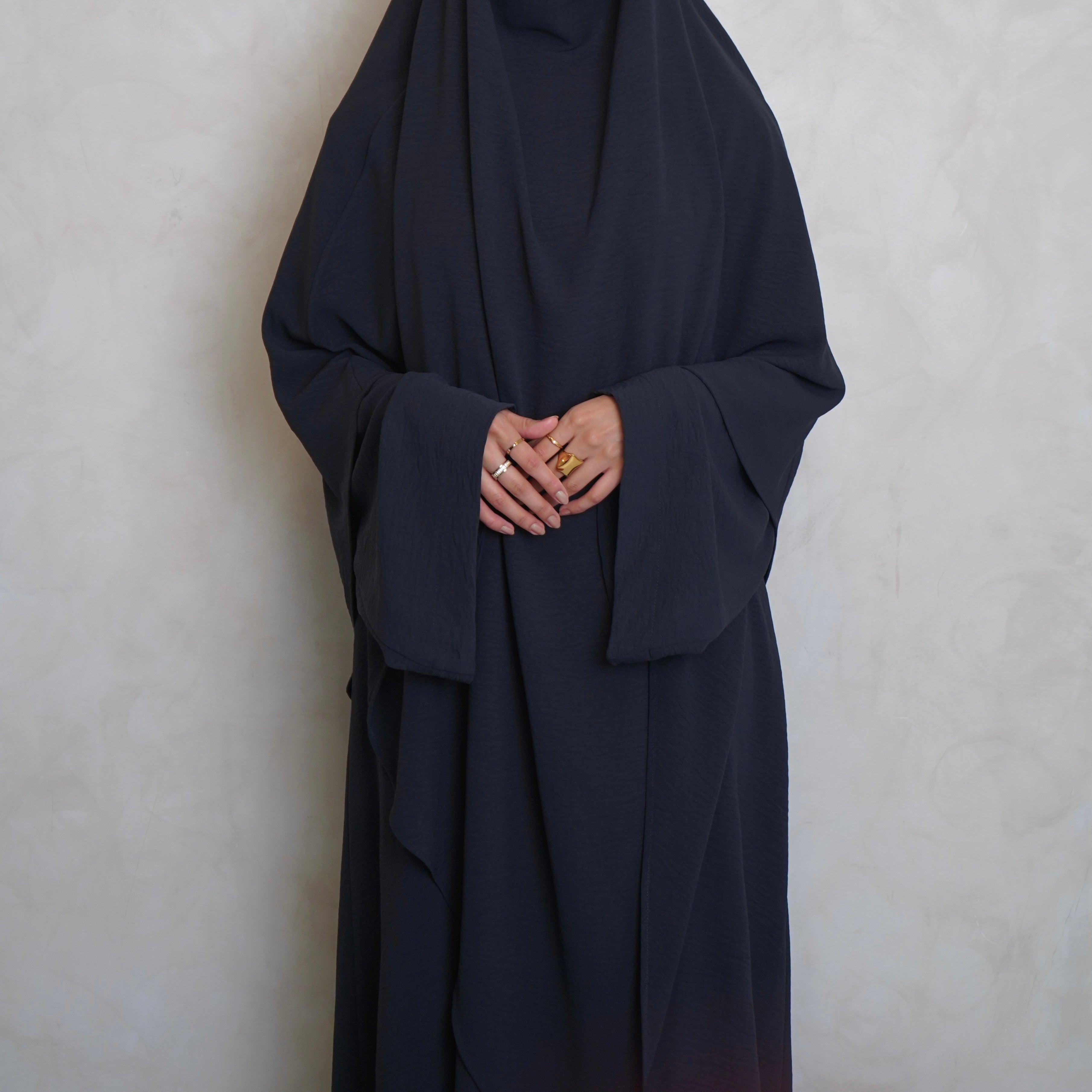 Extra Long Crepe Navy Grey Khimar with Niqab Ties