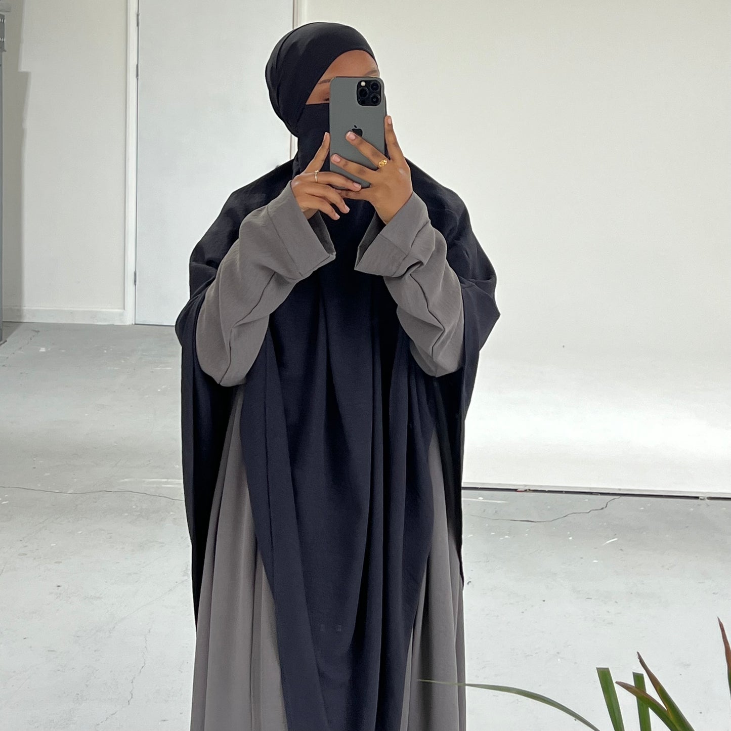 Extra Long Crepe Navy Grey Khimar with Niqab Ties