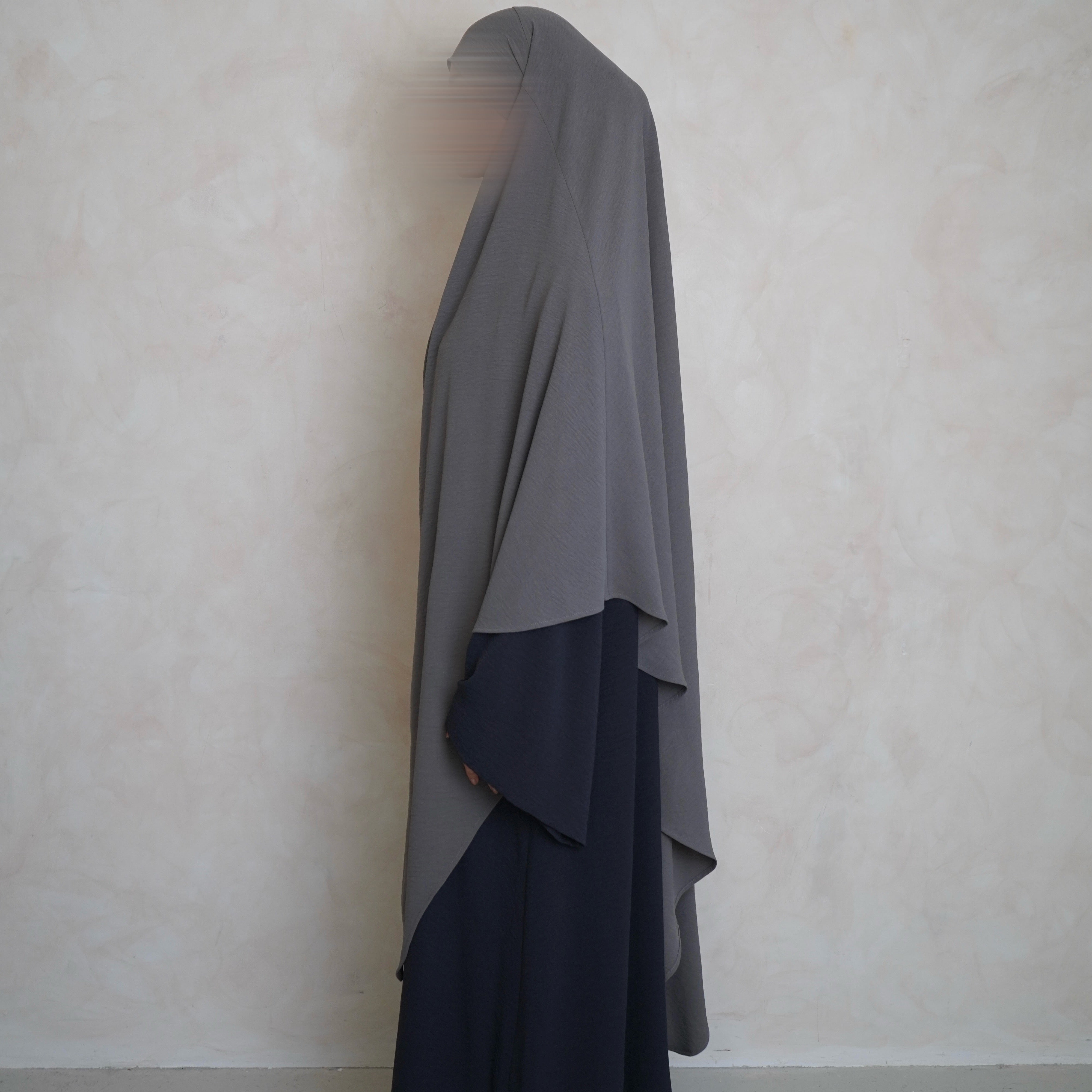 Extra Long Crepe Light Grey Khimar with Niqab Ties