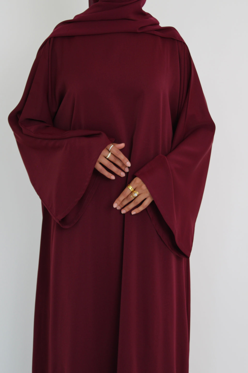 Wine Red Signature Bell Sleeve Abaya with hijab