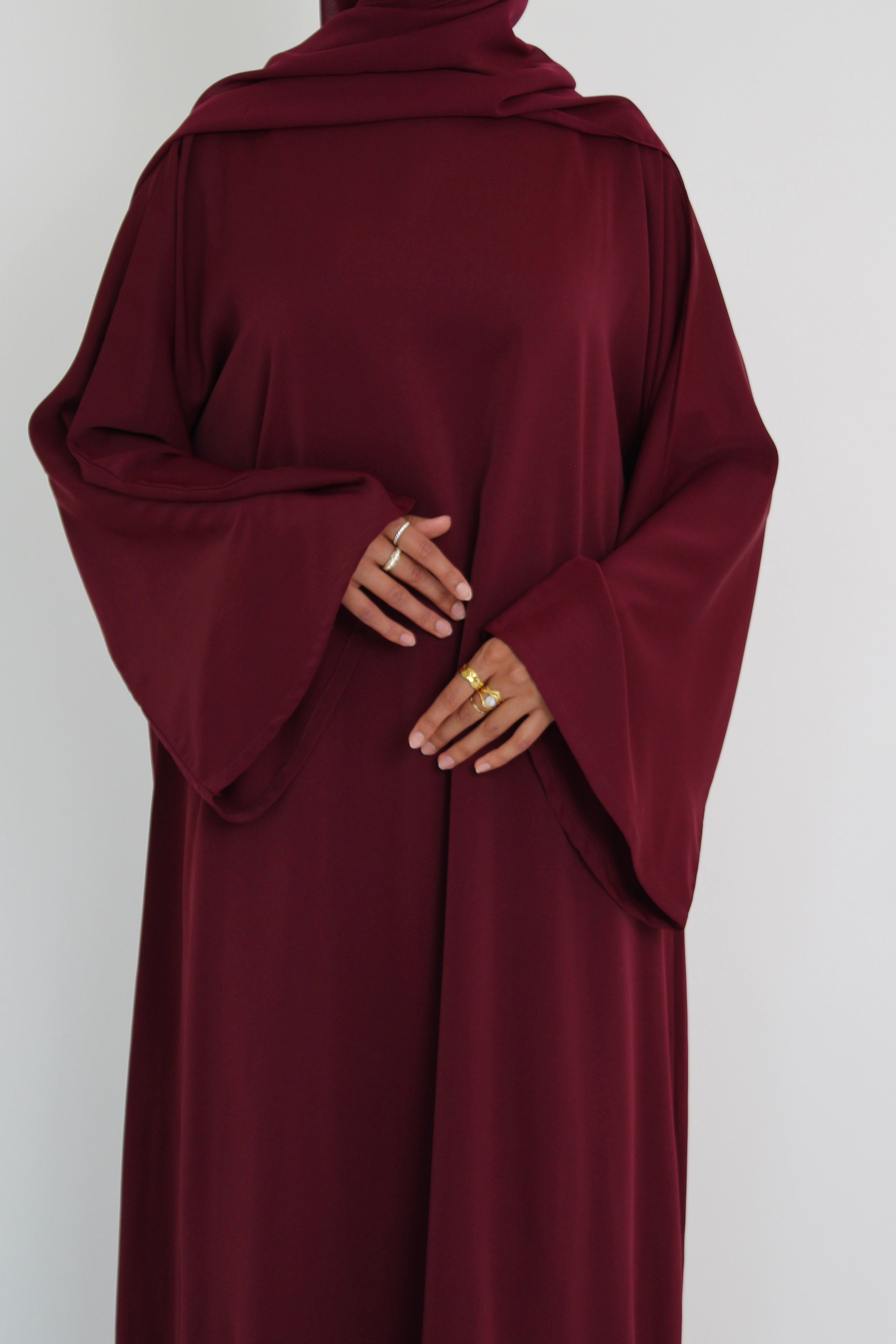 Wine Red Signature Bell Sleeve Abaya with hijab