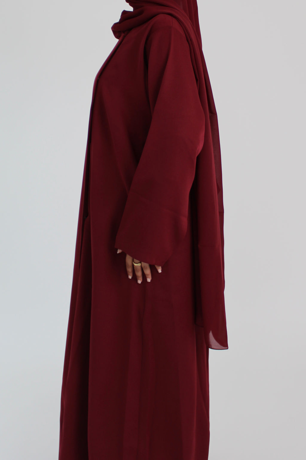 Cherry Red Draped Coat with Matching Sheila Hijab