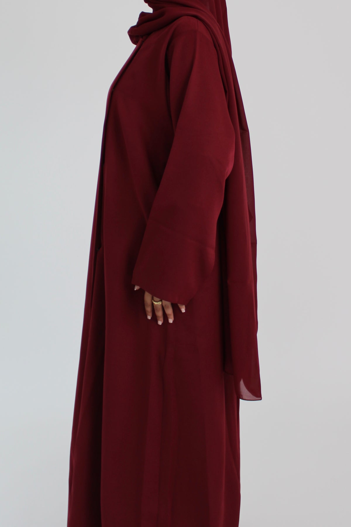 Cherry Red Draped Coat with Matching Sheila Hijab