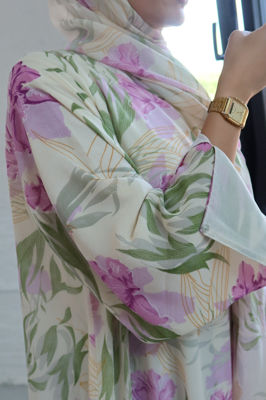 Lavender Bloom print abaya with matching scarf
