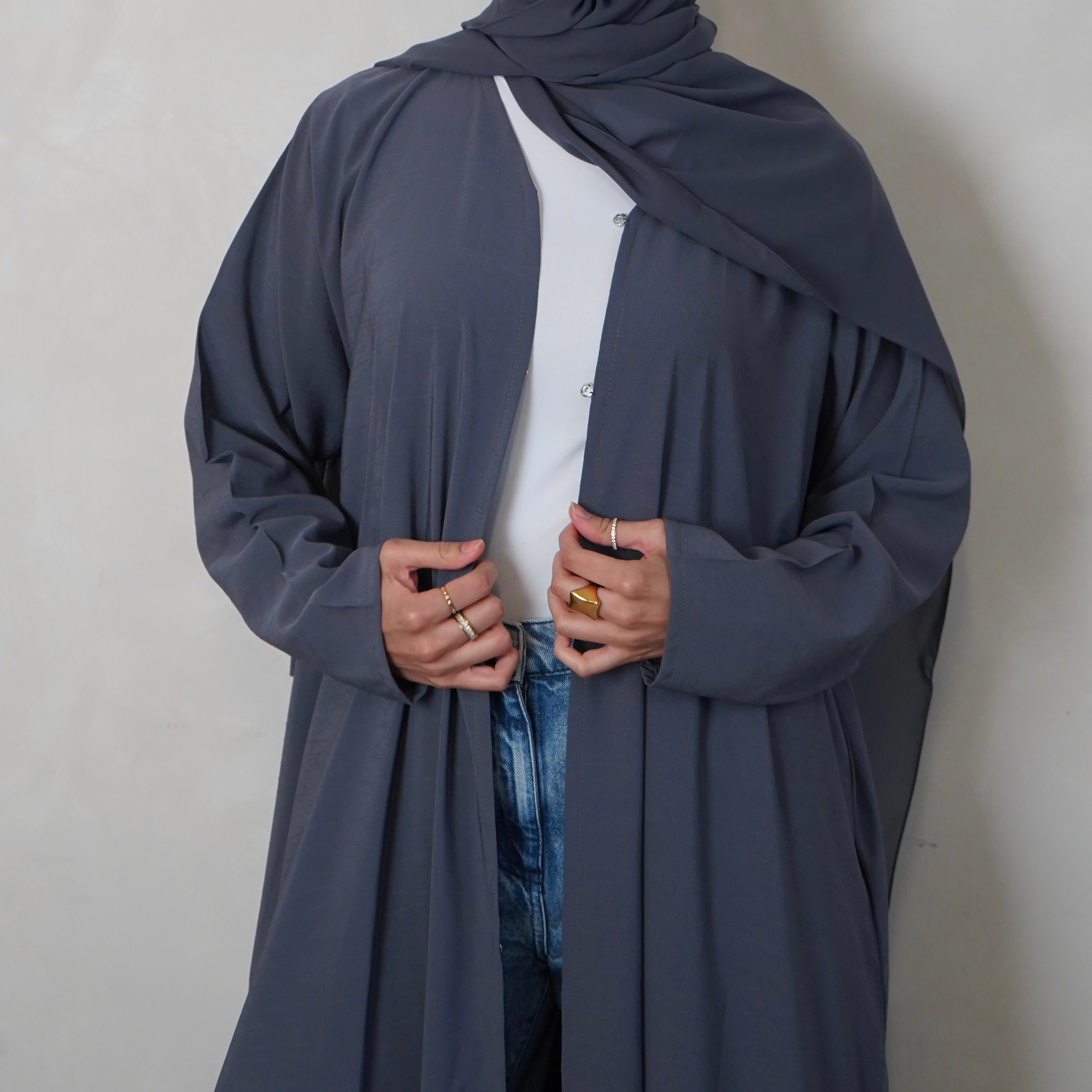 Textured Teal Open Abaya with Scarf