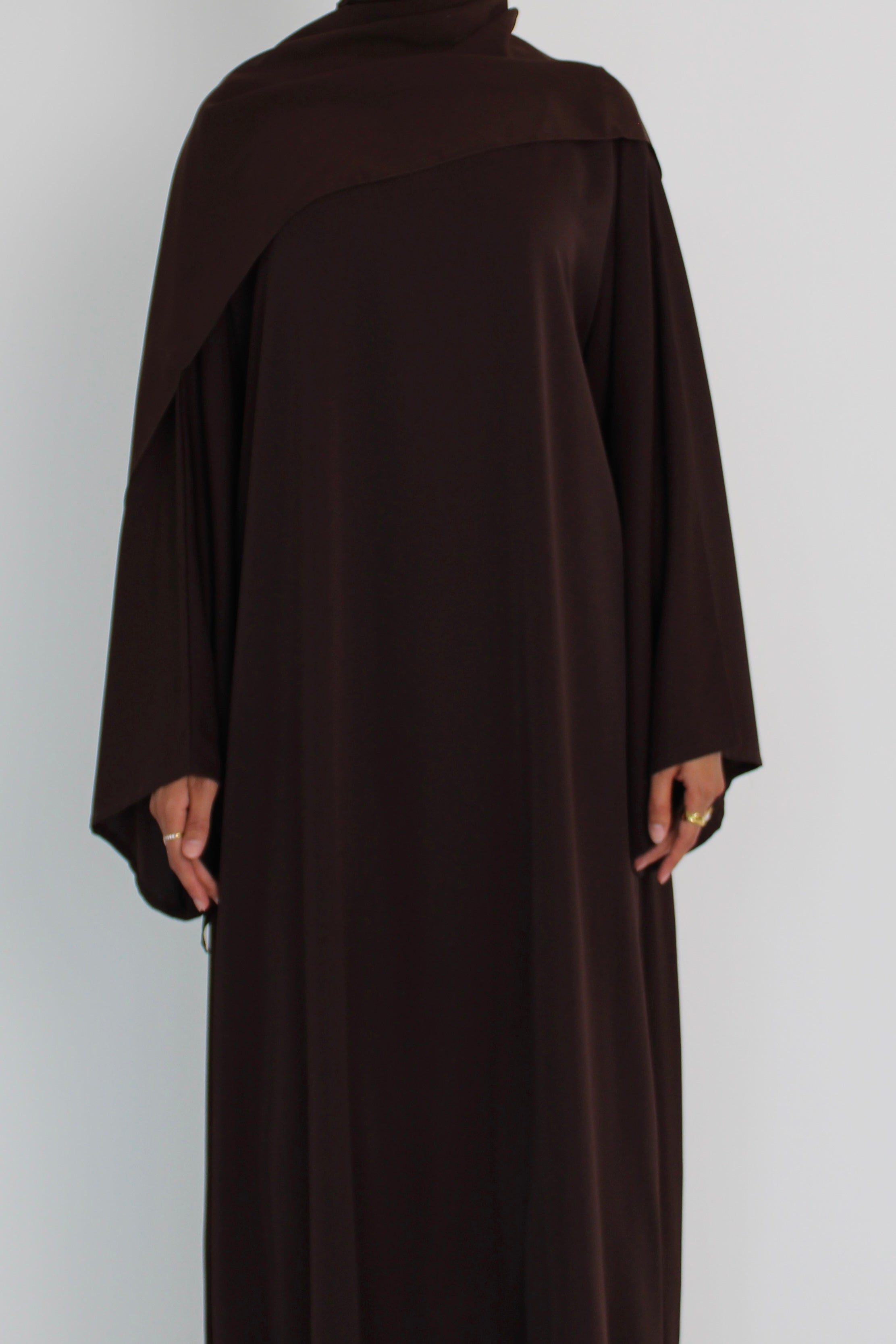 Choc Brown Signature Bell Sleeve Abaya with hijab