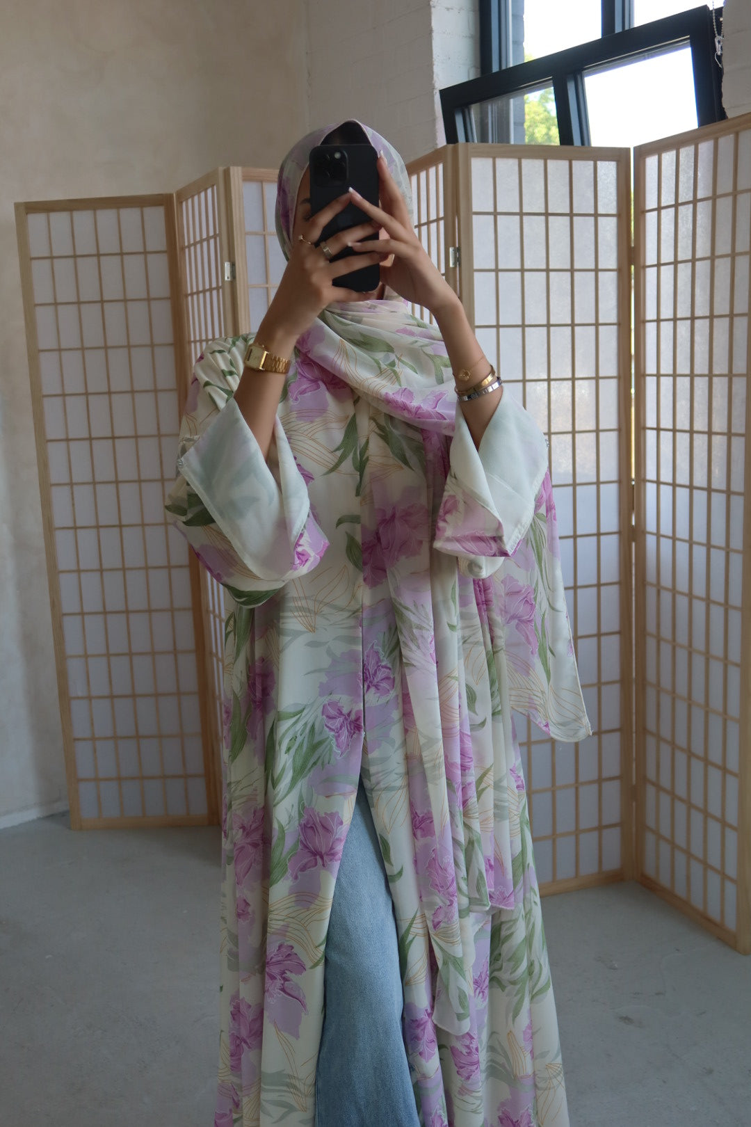 Lavender Bloom print abaya with matching scarf