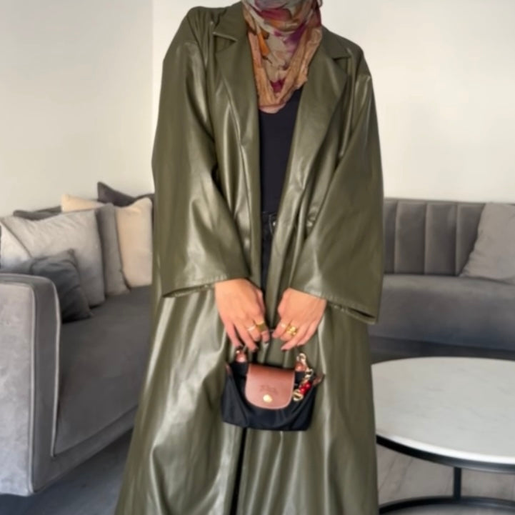 Faux Leather Trench Coat Olive Green