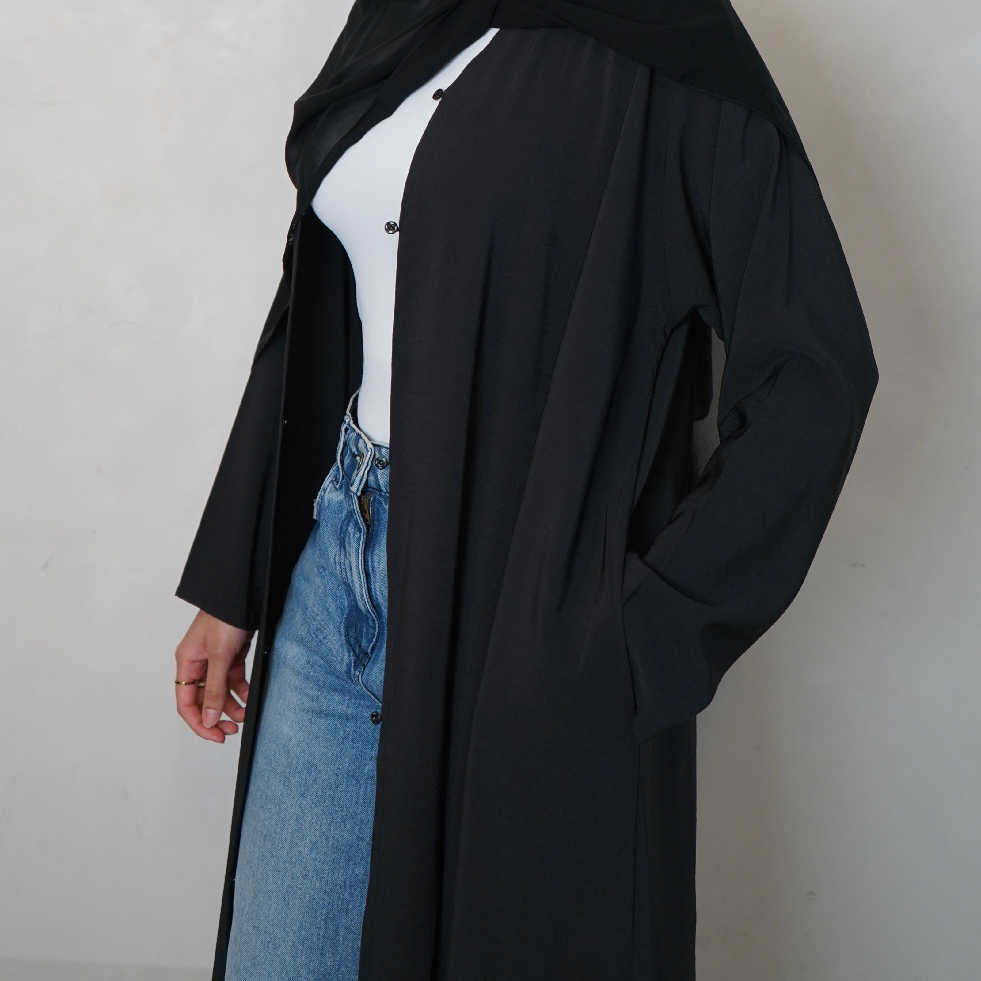 Textured Black Open Abaya with Scarf