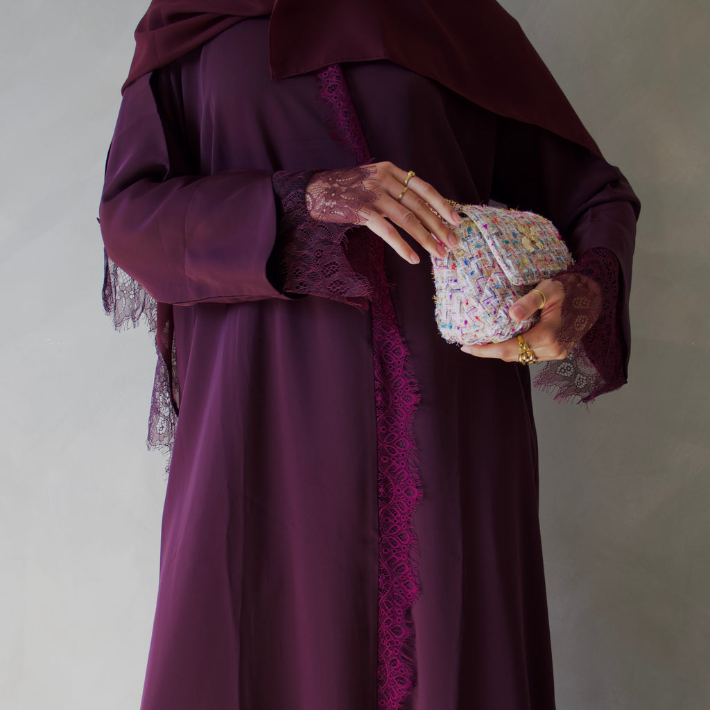 Plum laced abaya with sheila scarf
