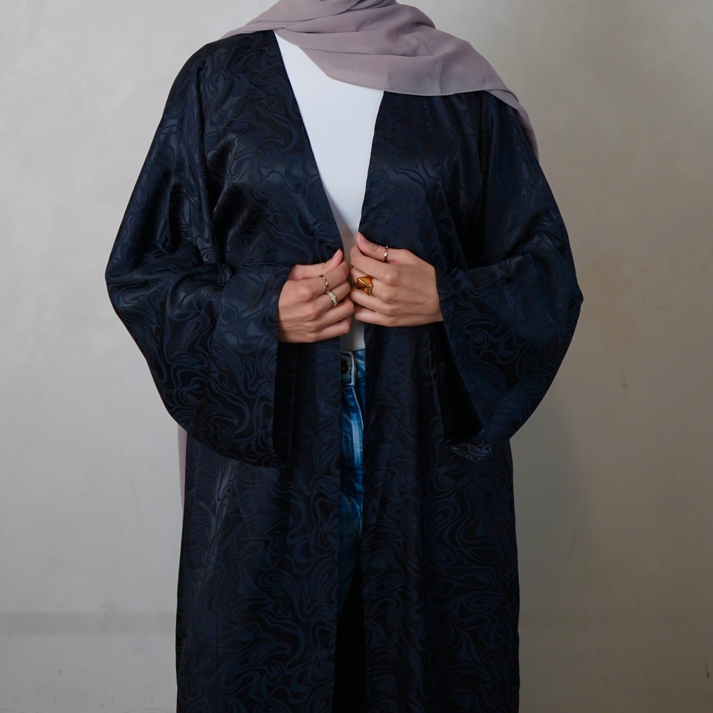 Jacquard Navy Blue Open Abaya