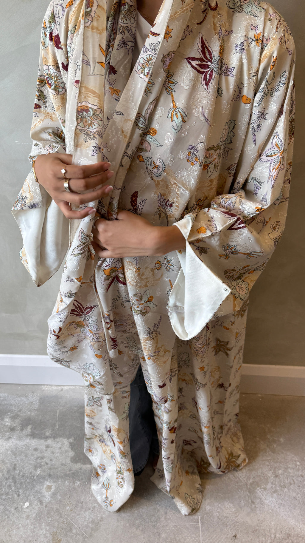 Beige floral abaya with matching scarf