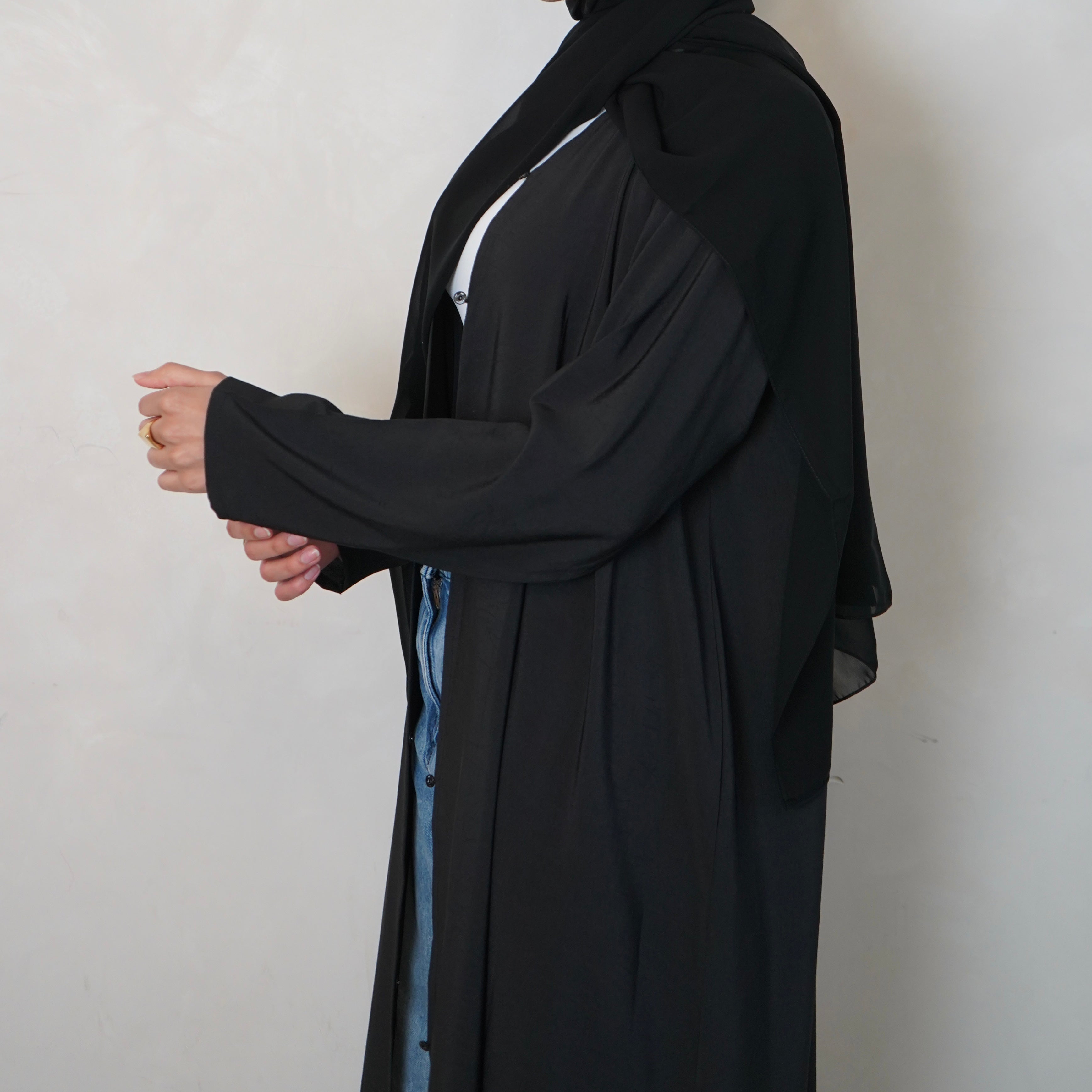 Textured Black Open Abaya with Scarf