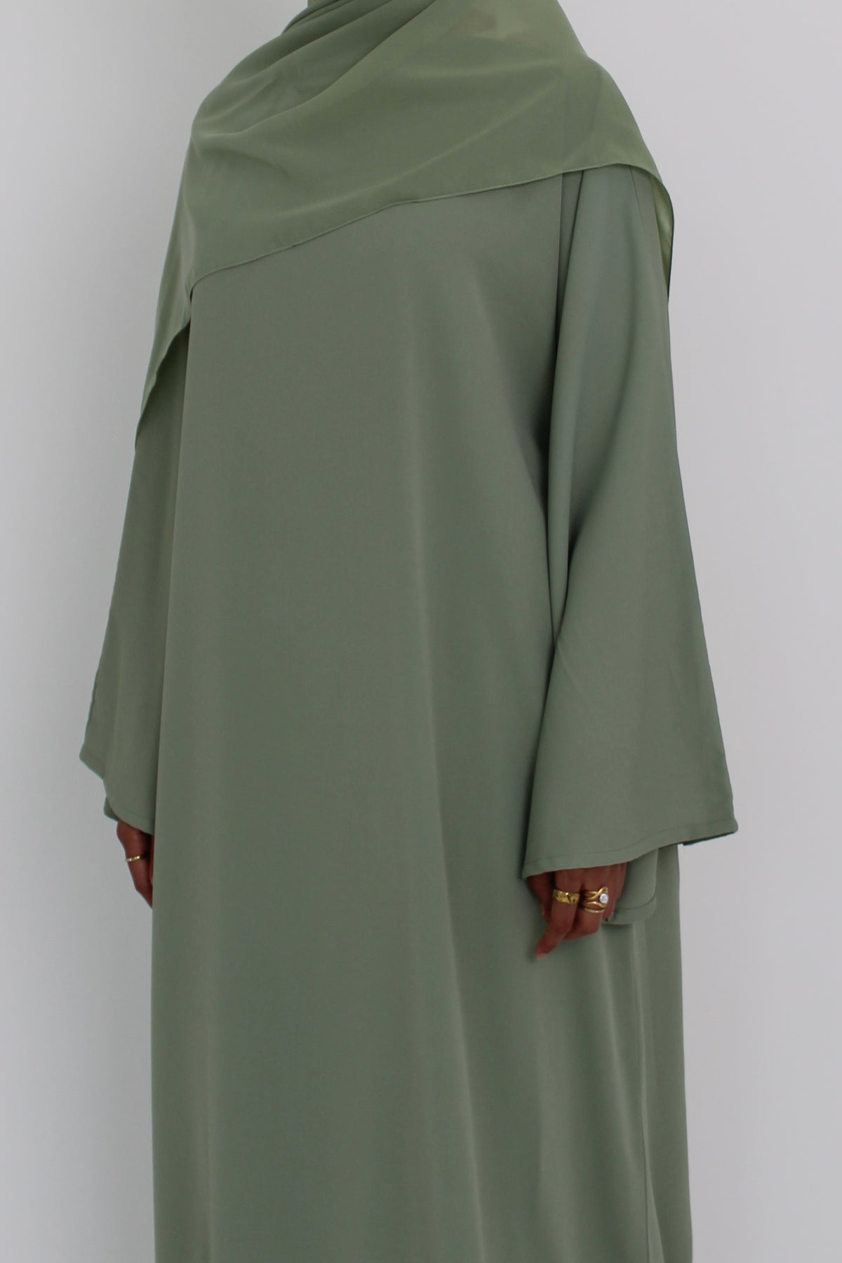 Sage Green Signature Bell Sleeve Abaya with hijab