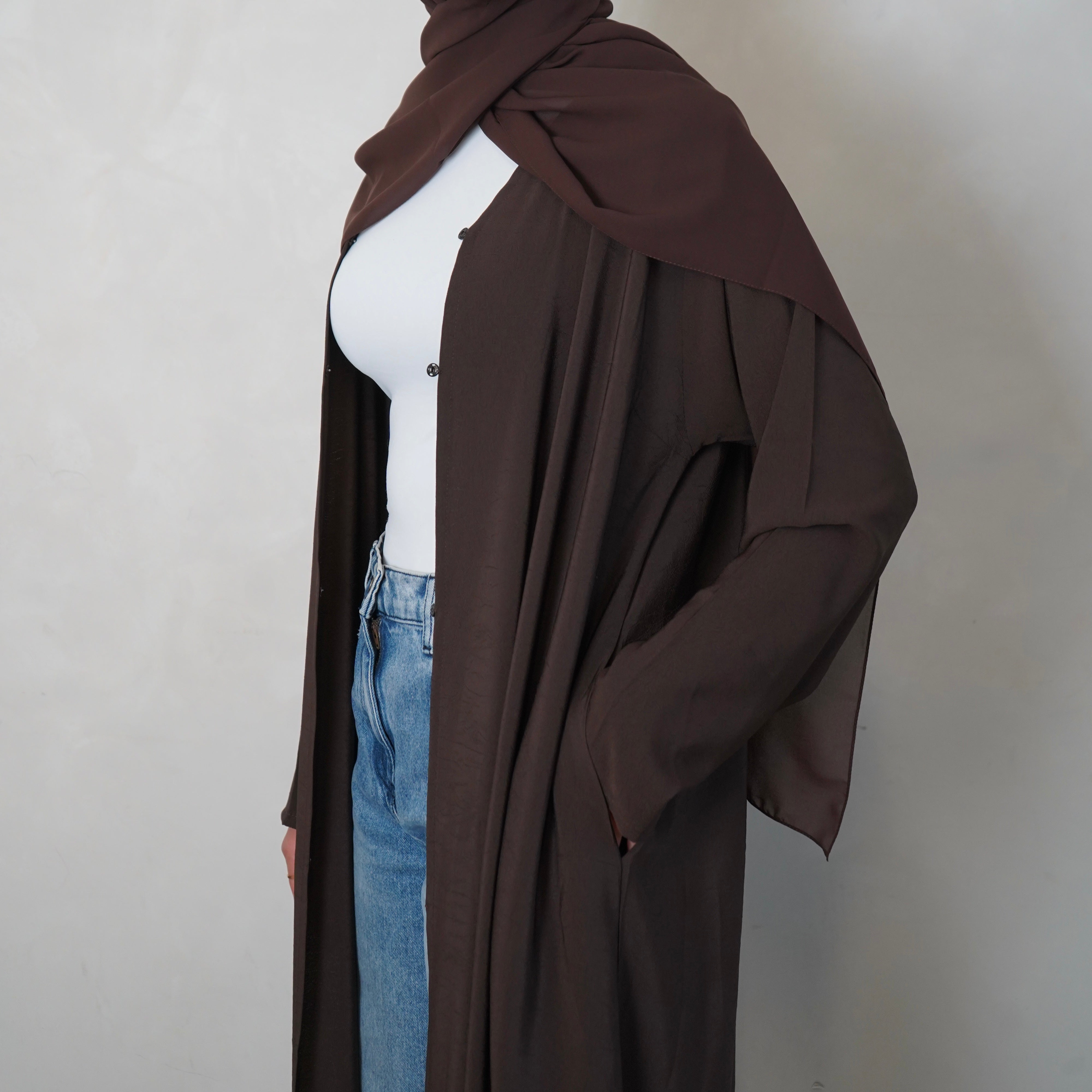 Textured Choc Brown Open Abaya with Scarf