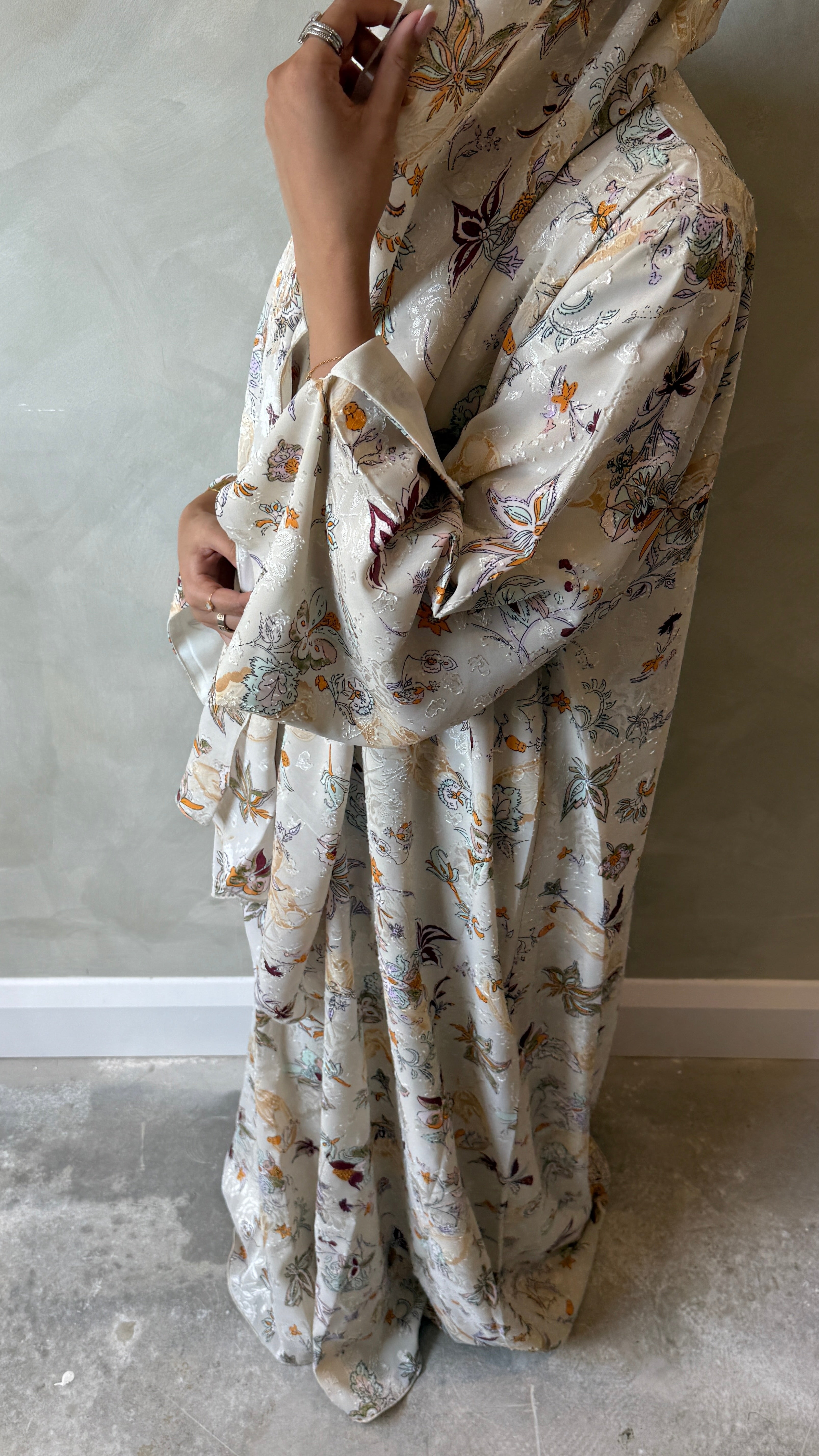 Beige floral abaya with matching scarf