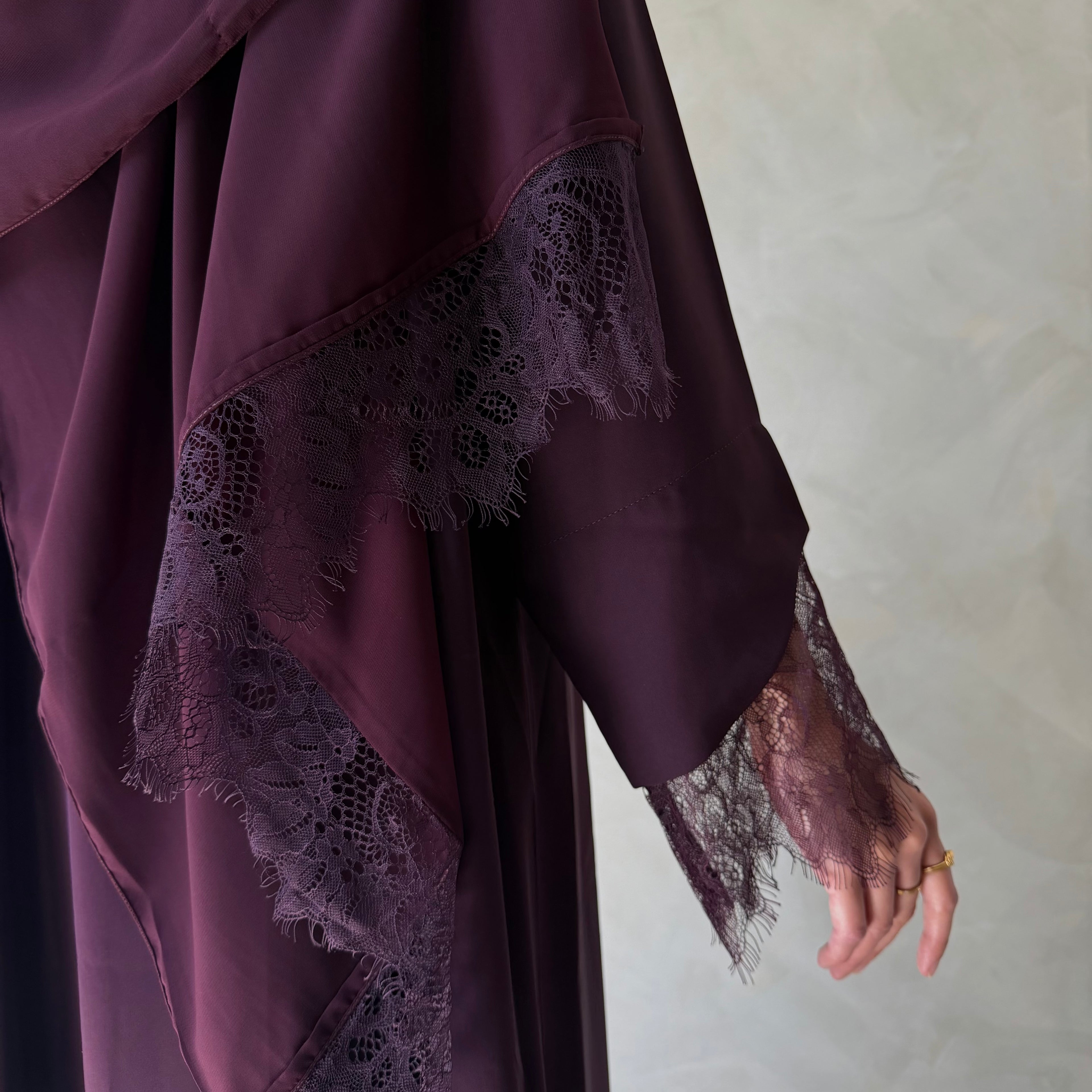 Plum laced abaya with sheila scarf
