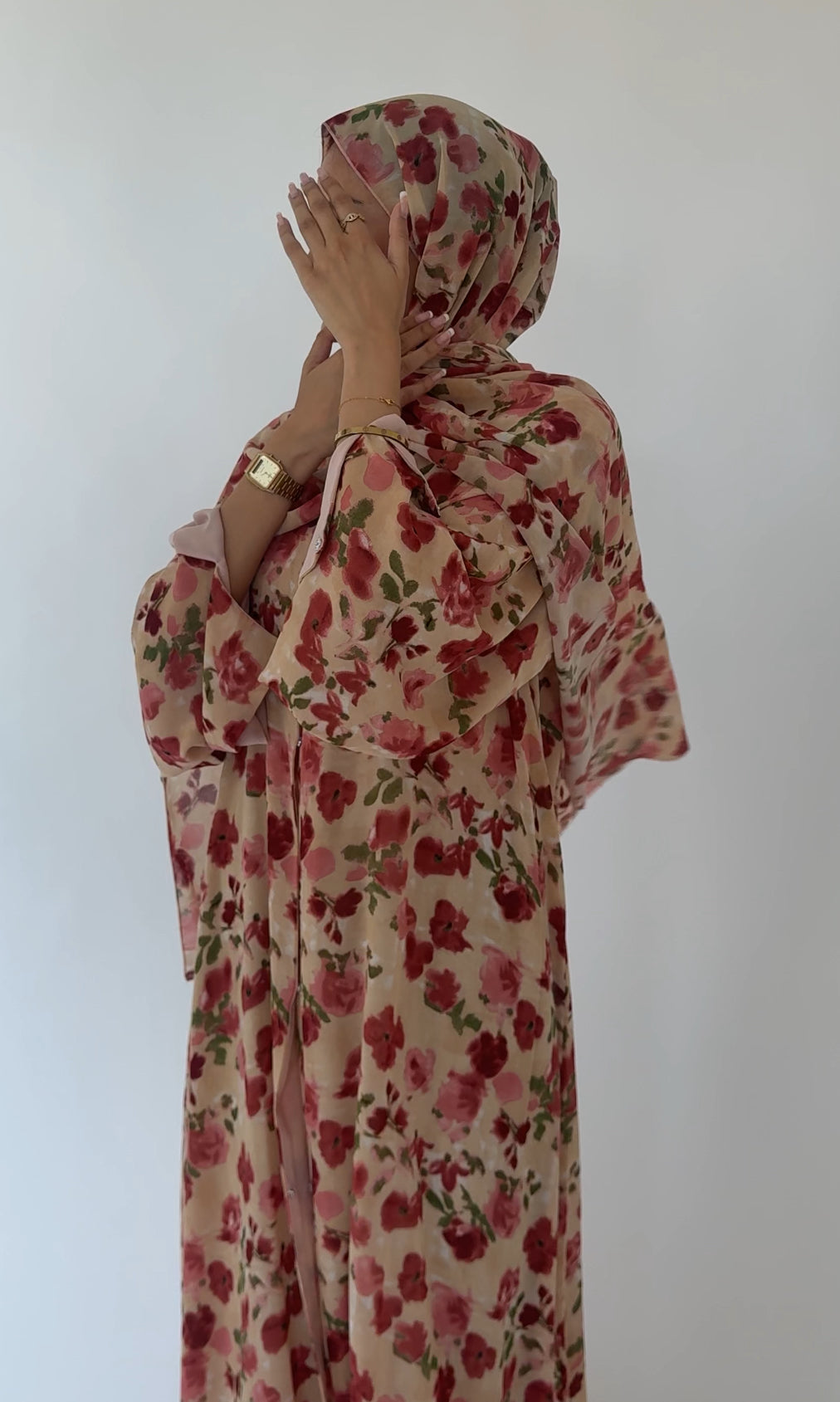 Blush Rose print abaya with matching scarf